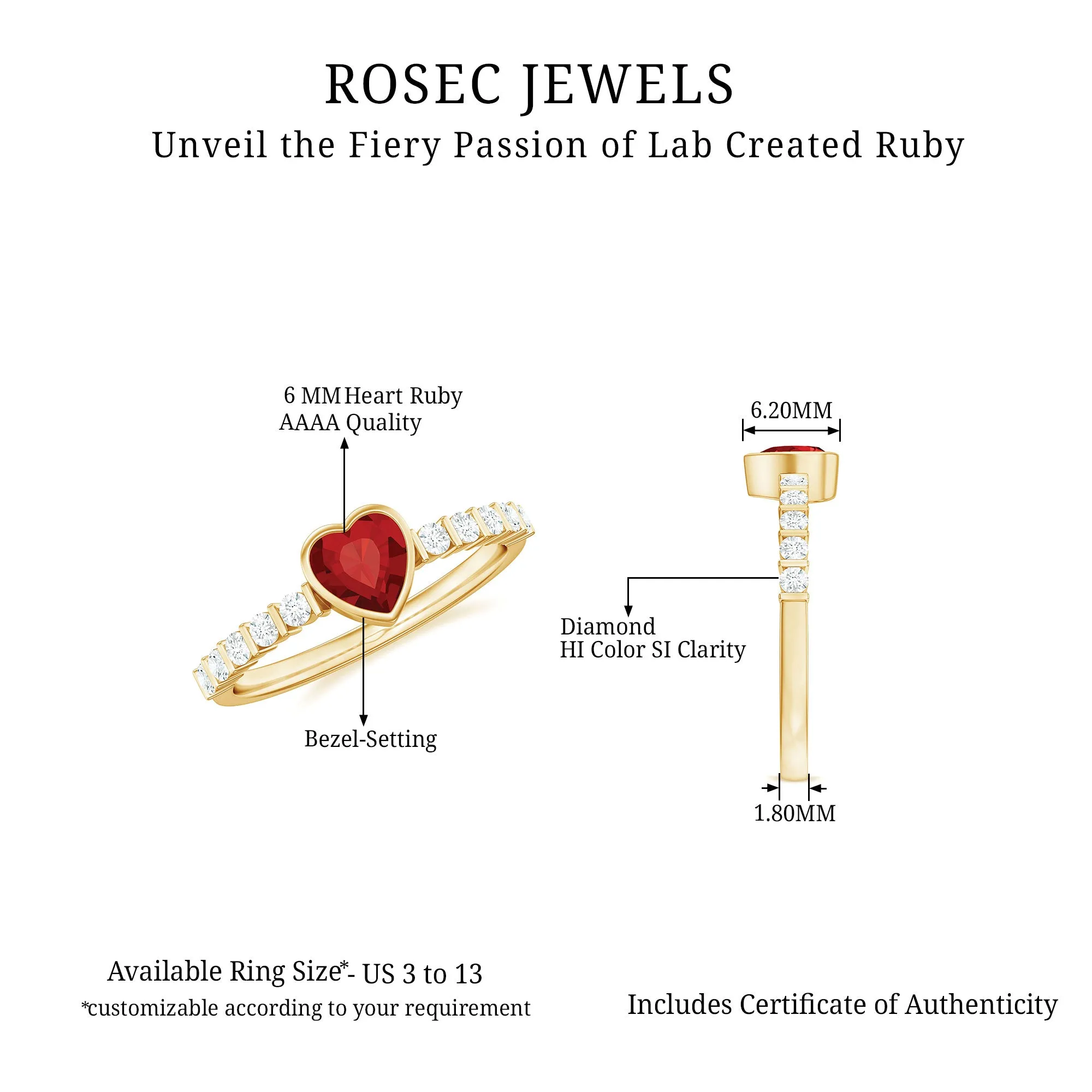 1 CT Heart Shape Created Ruby Solitaire Engagement Ring with Diamond