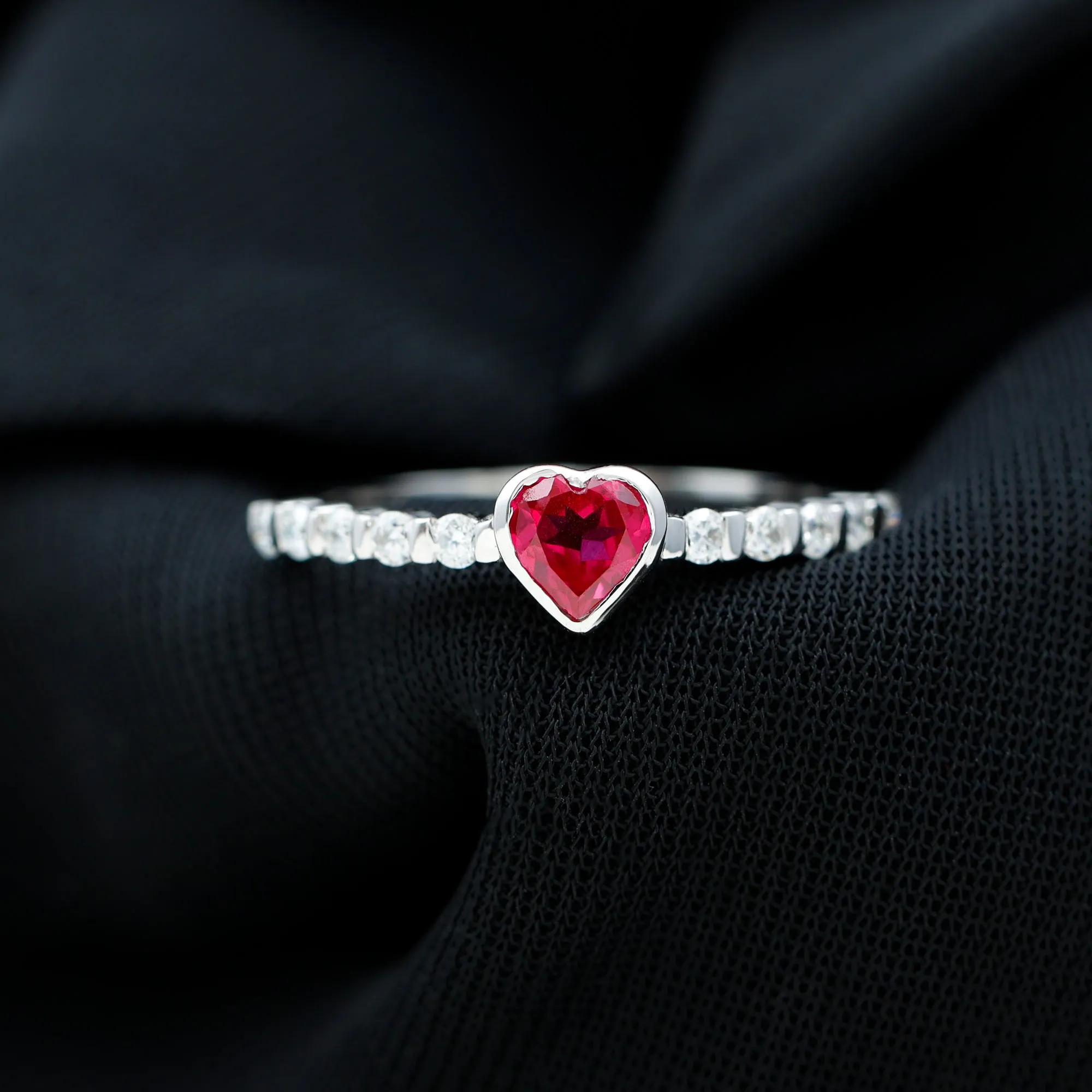 1 CT Heart Shape Created Ruby Solitaire Engagement Ring with Diamond