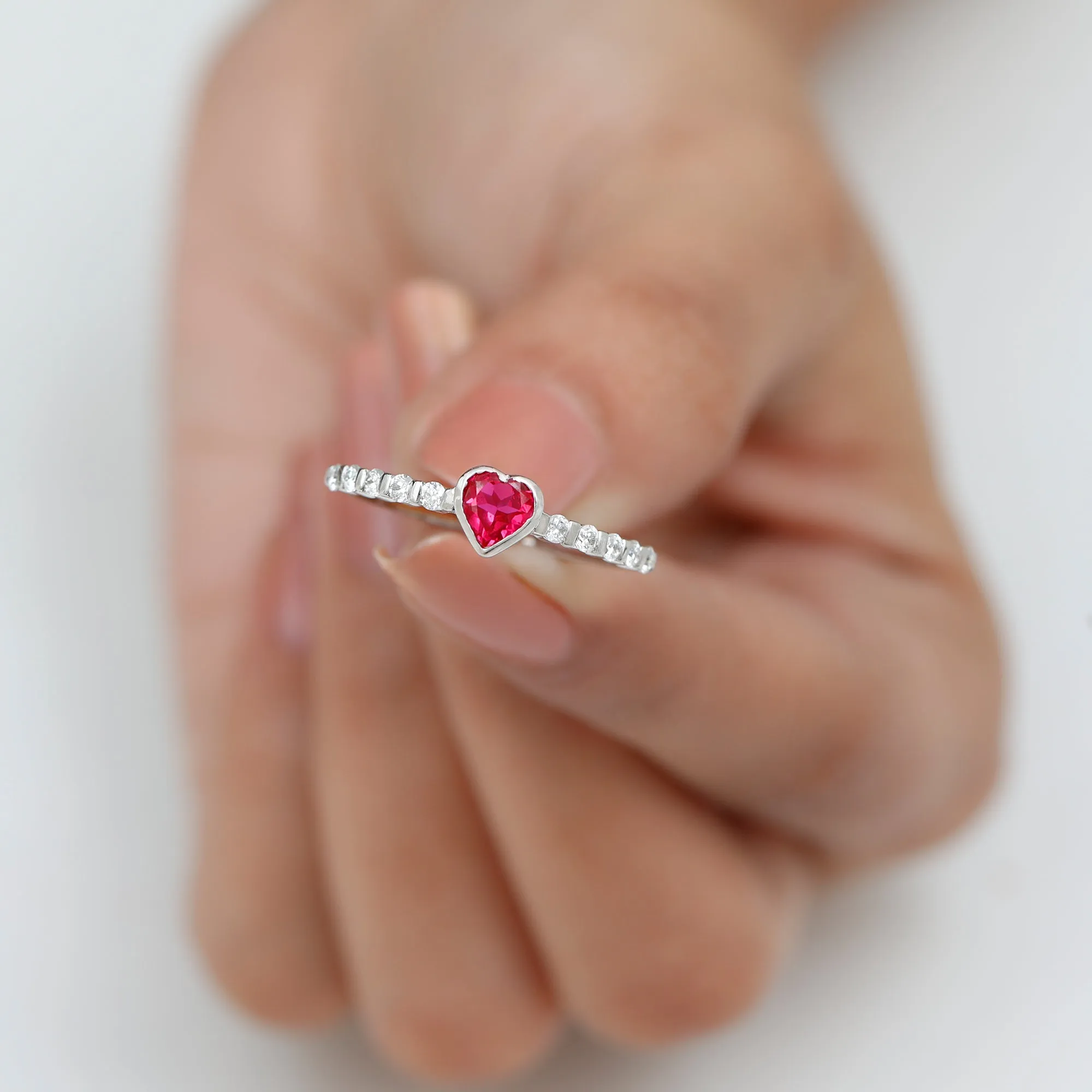 1 CT Heart Shape Created Ruby Solitaire Engagement Ring with Diamond