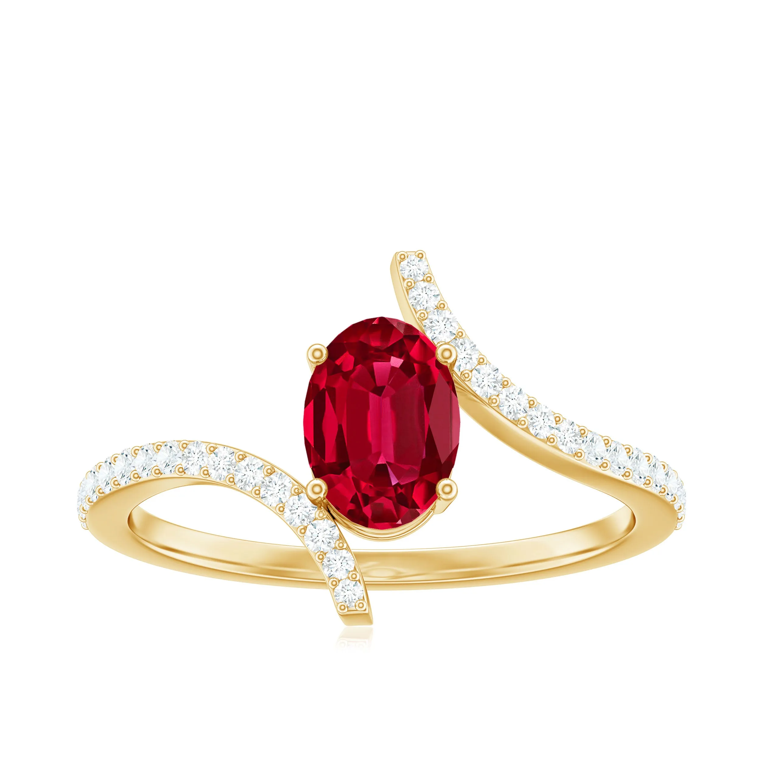 1.50 CT Oval Created Ruby Solitaire Bypass Ring with Diamond