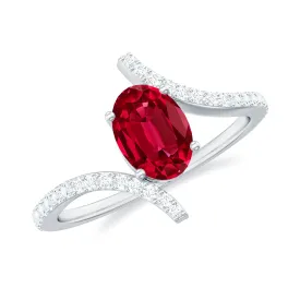 1.50 CT Oval Created Ruby Solitaire Bypass Ring with Diamond