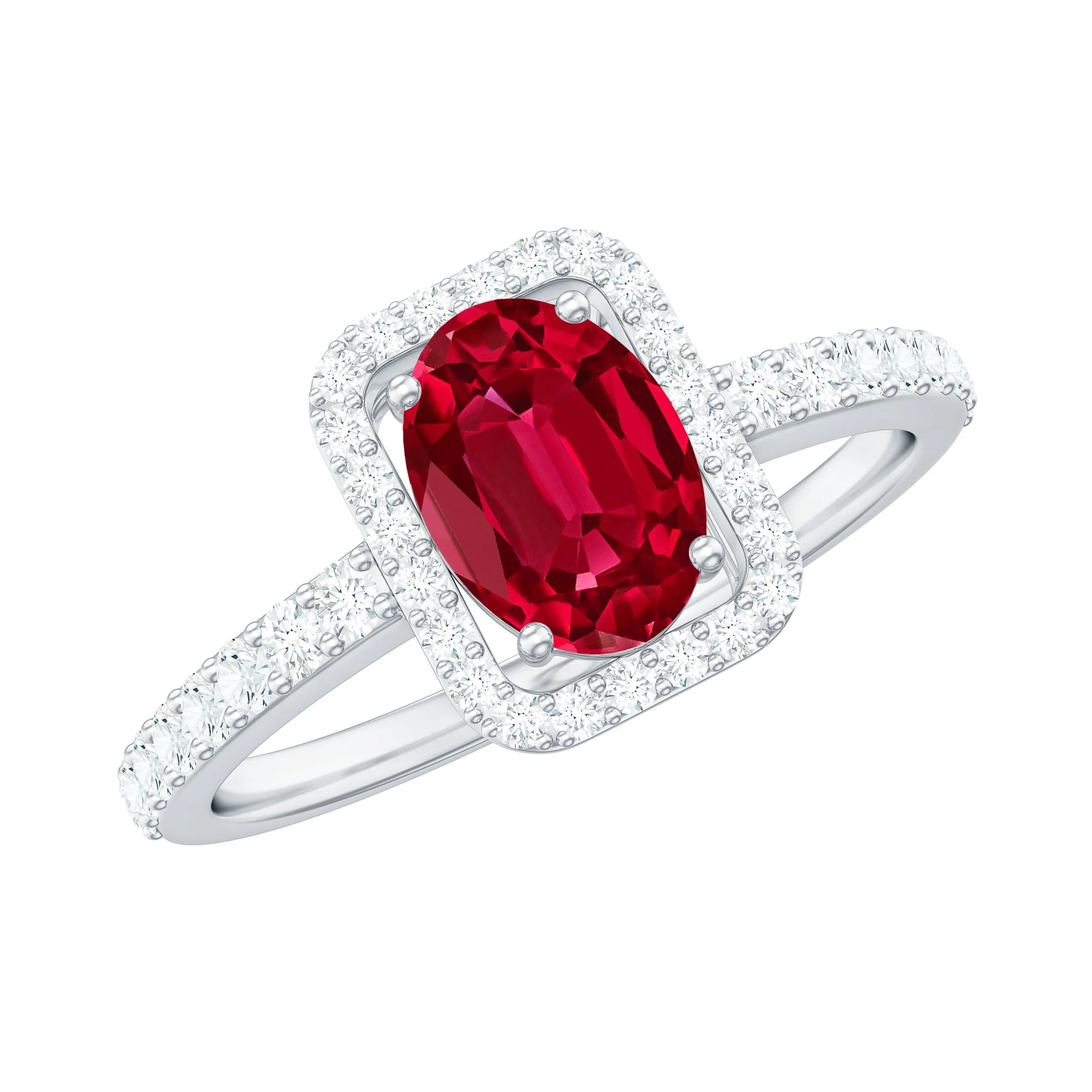 1.50 CT Oval Cut Created Ruby Engagement Ring with Diamond Halo