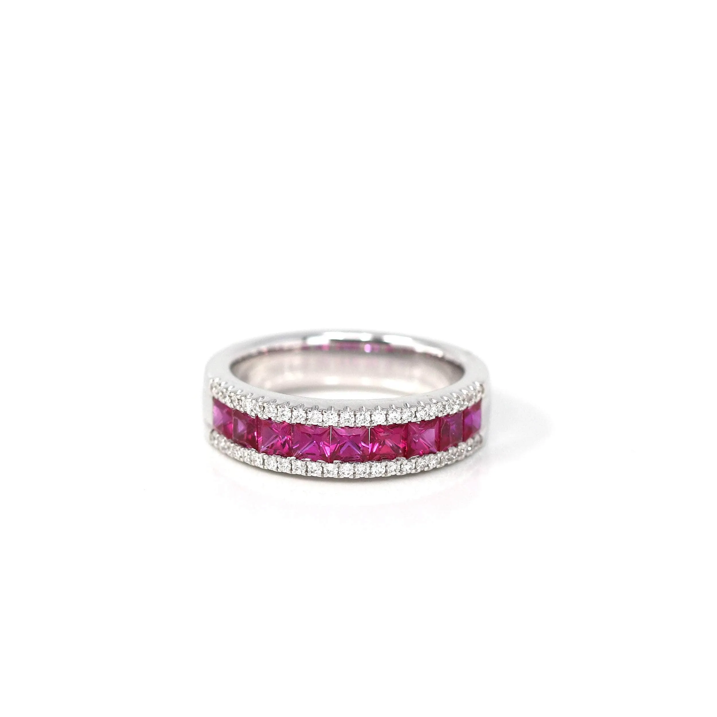 18k White Gold Natural Ruby Channel Set Band Ring with Diamonds