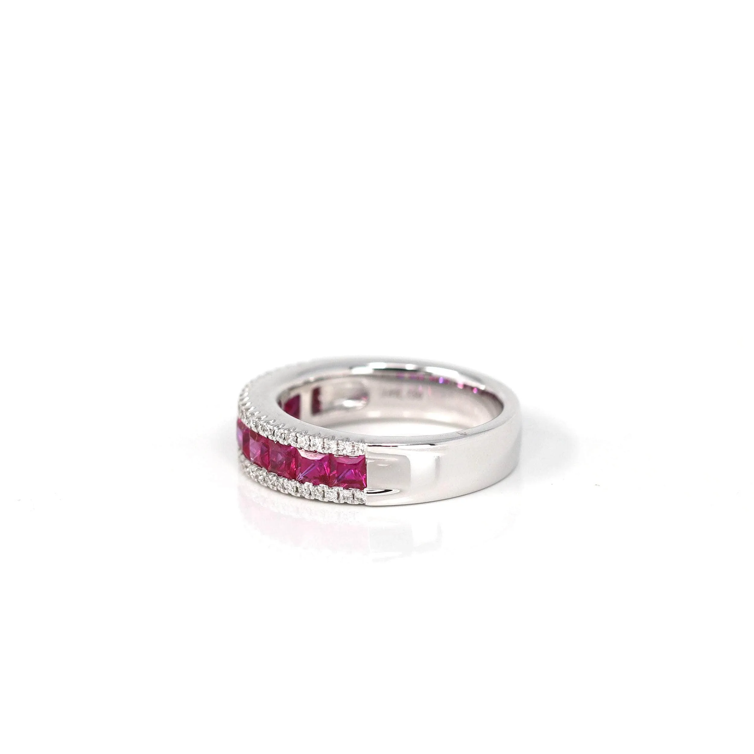 18k White Gold Natural Ruby Channel Set Band Ring with Diamonds