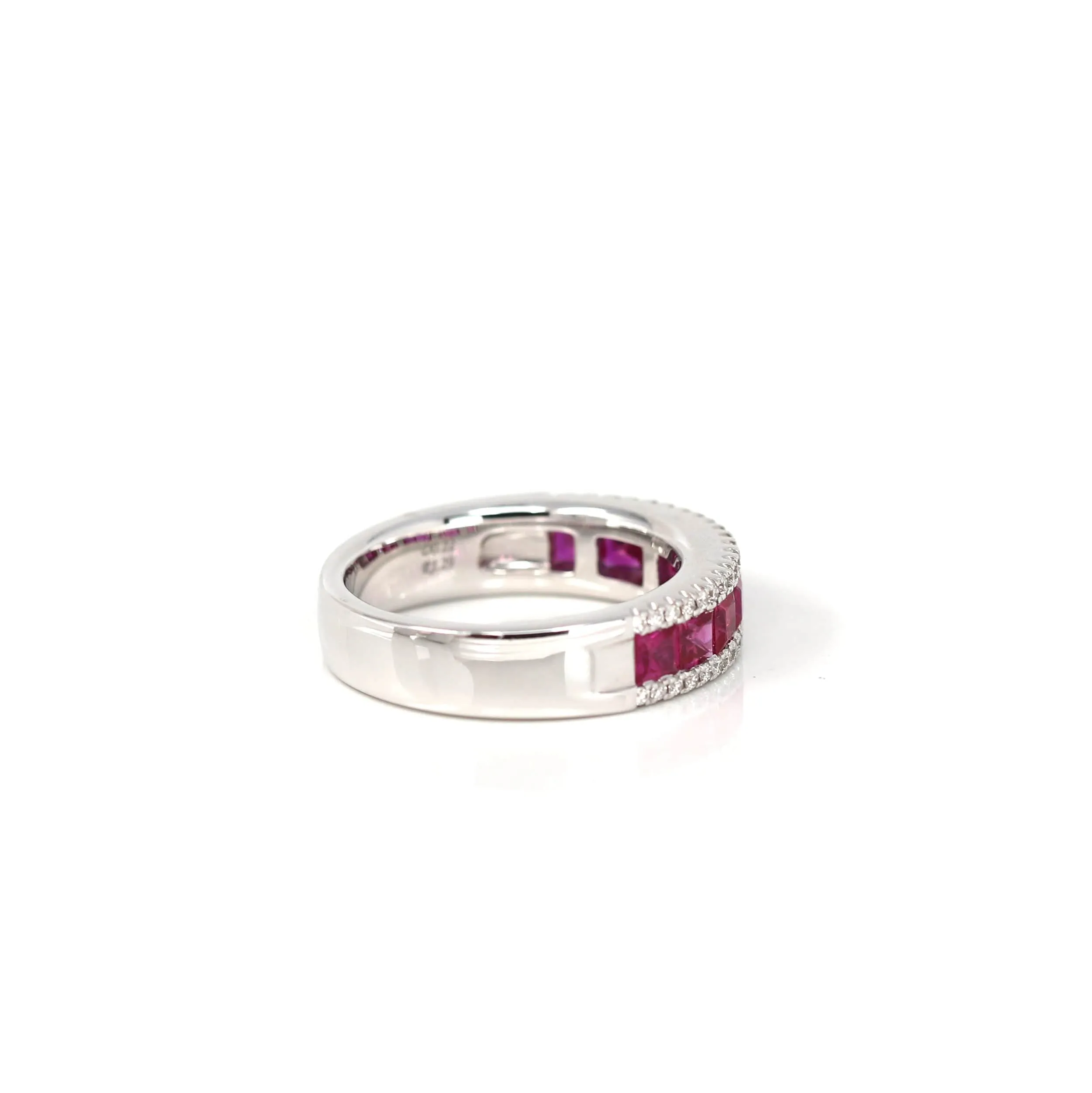 18k White Gold Natural Ruby Channel Set Band Ring with Diamonds