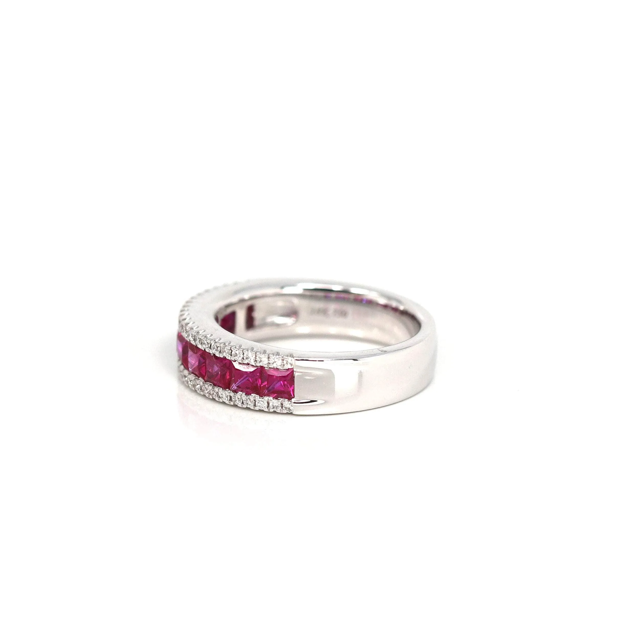 18k White Gold Natural Ruby Channel Set Band Ring with Diamonds