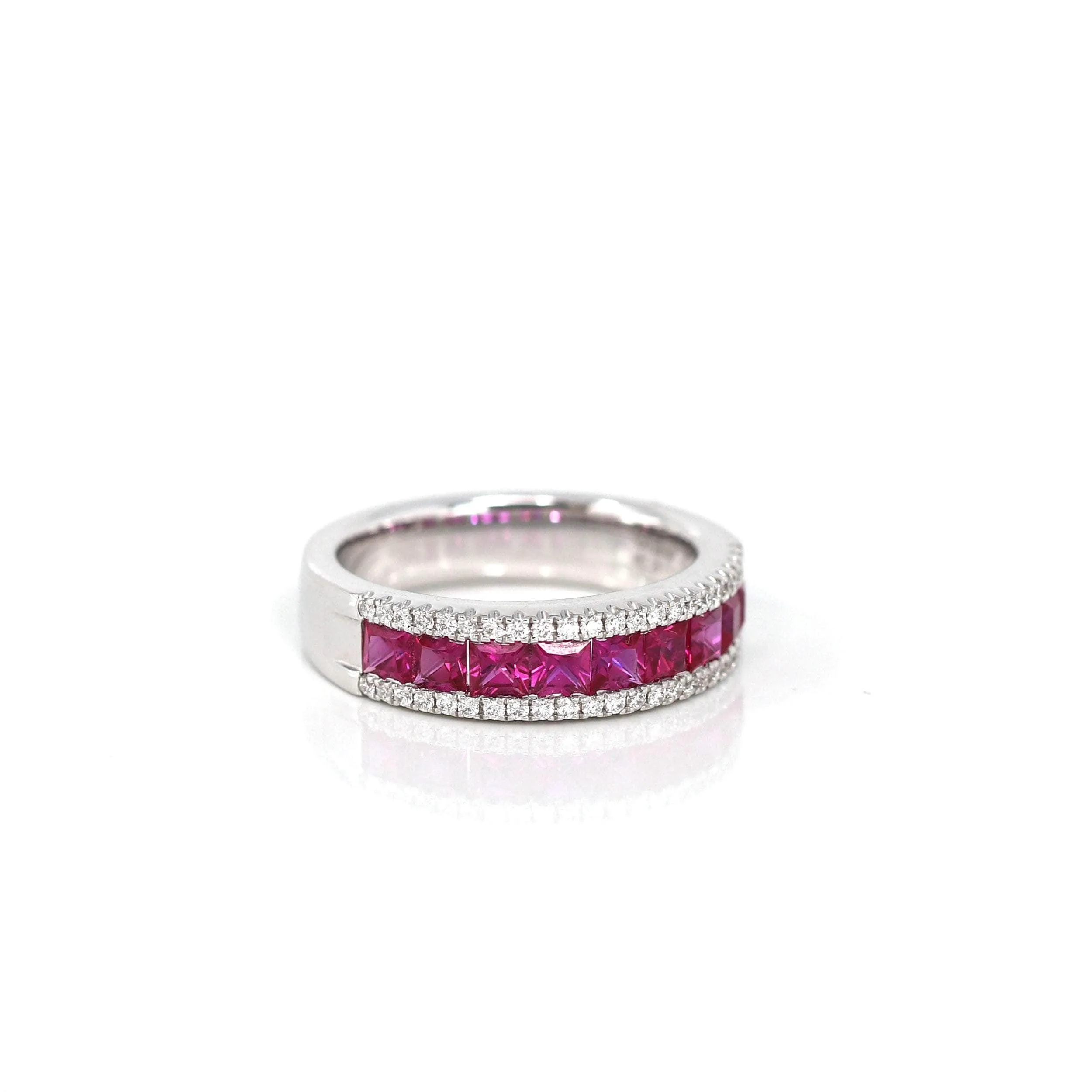 18k White Gold Natural Ruby Channel Set Band Ring with Diamonds