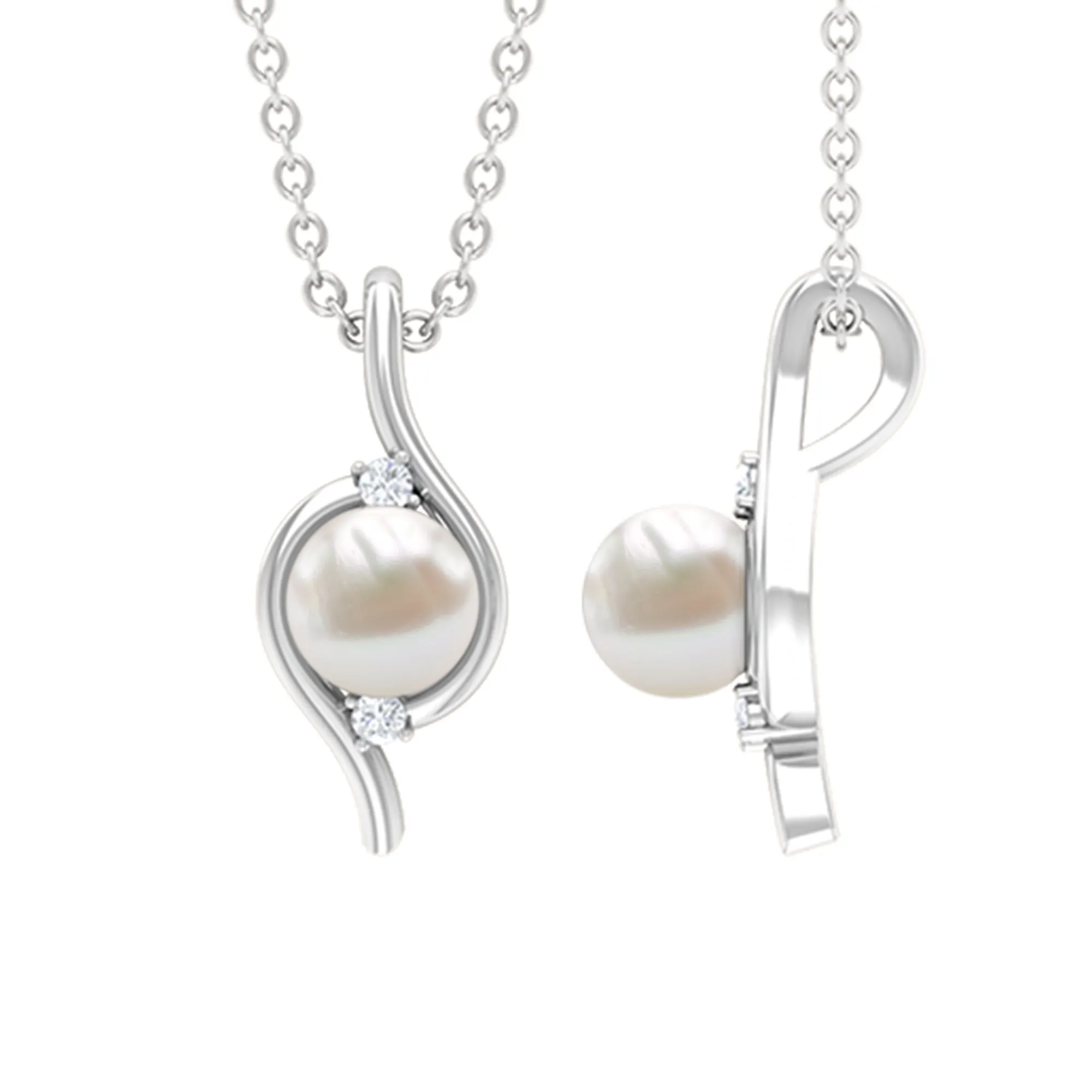 2 CT Freshwater Pearl and Diamond Bypass Pendant Necklace