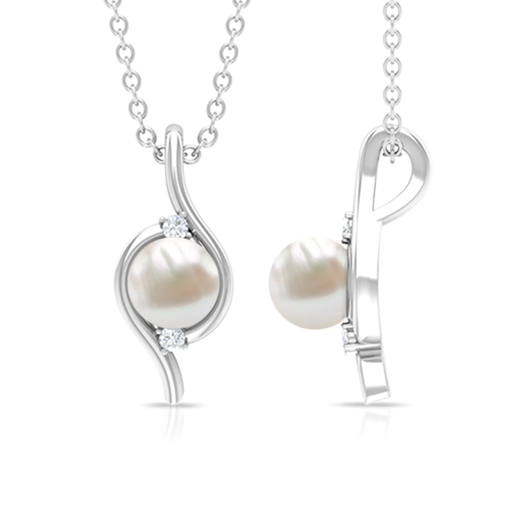 2 CT Freshwater Pearl and Diamond Bypass Pendant Necklace