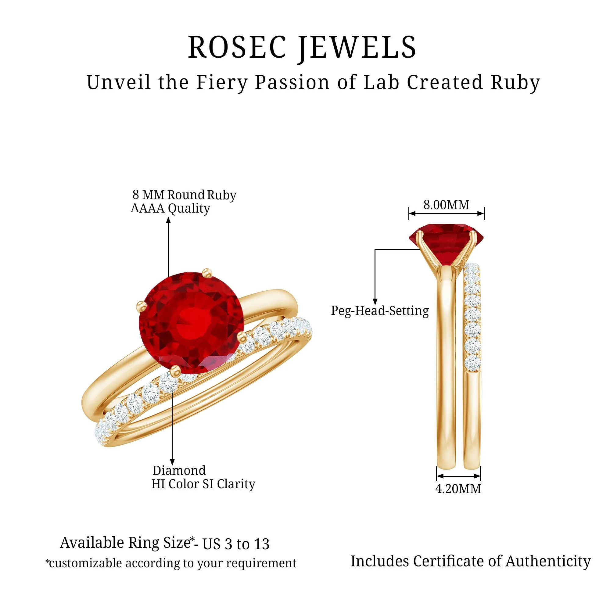 3 CT Solitaire Created Ruby Wedding Ring Set with Diamond