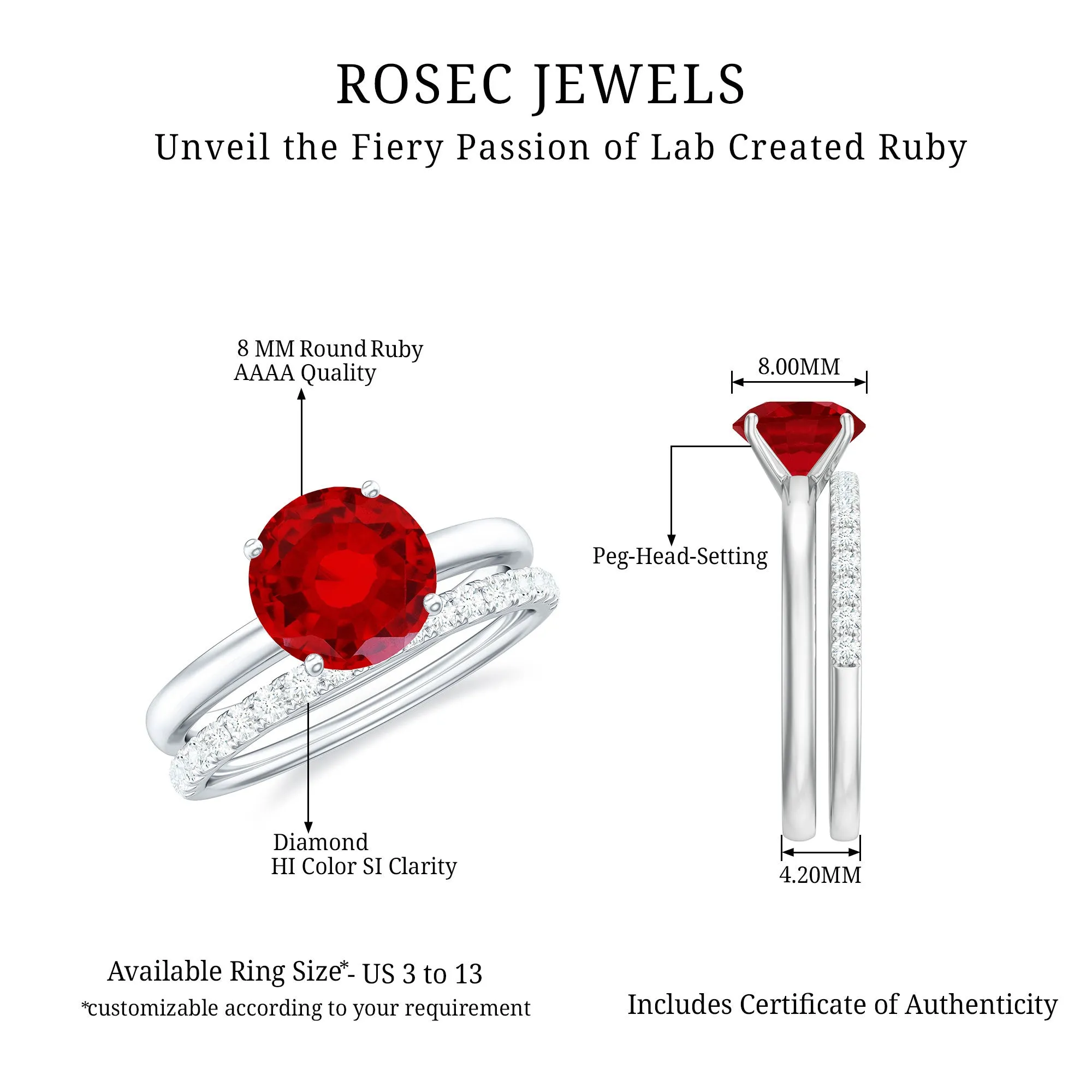 3 CT Solitaire Created Ruby Wedding Ring Set with Diamond