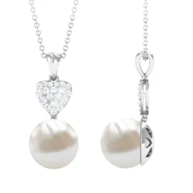 8.5 CT Bead Set Freshwater Pearl and Diamond Heart Dangle Pendant Necklace