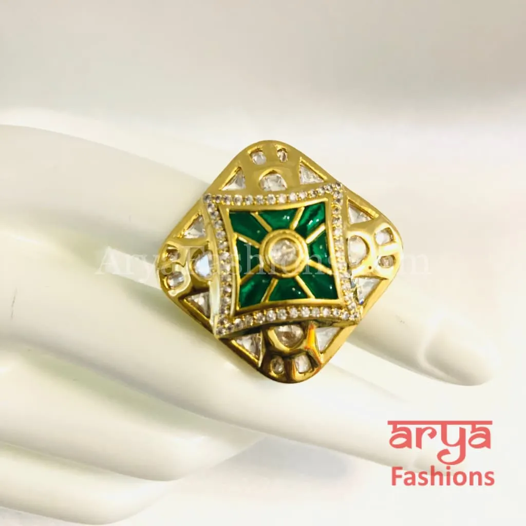 Amrapali Inspired Green Emerald Kundan Adjustable Ring