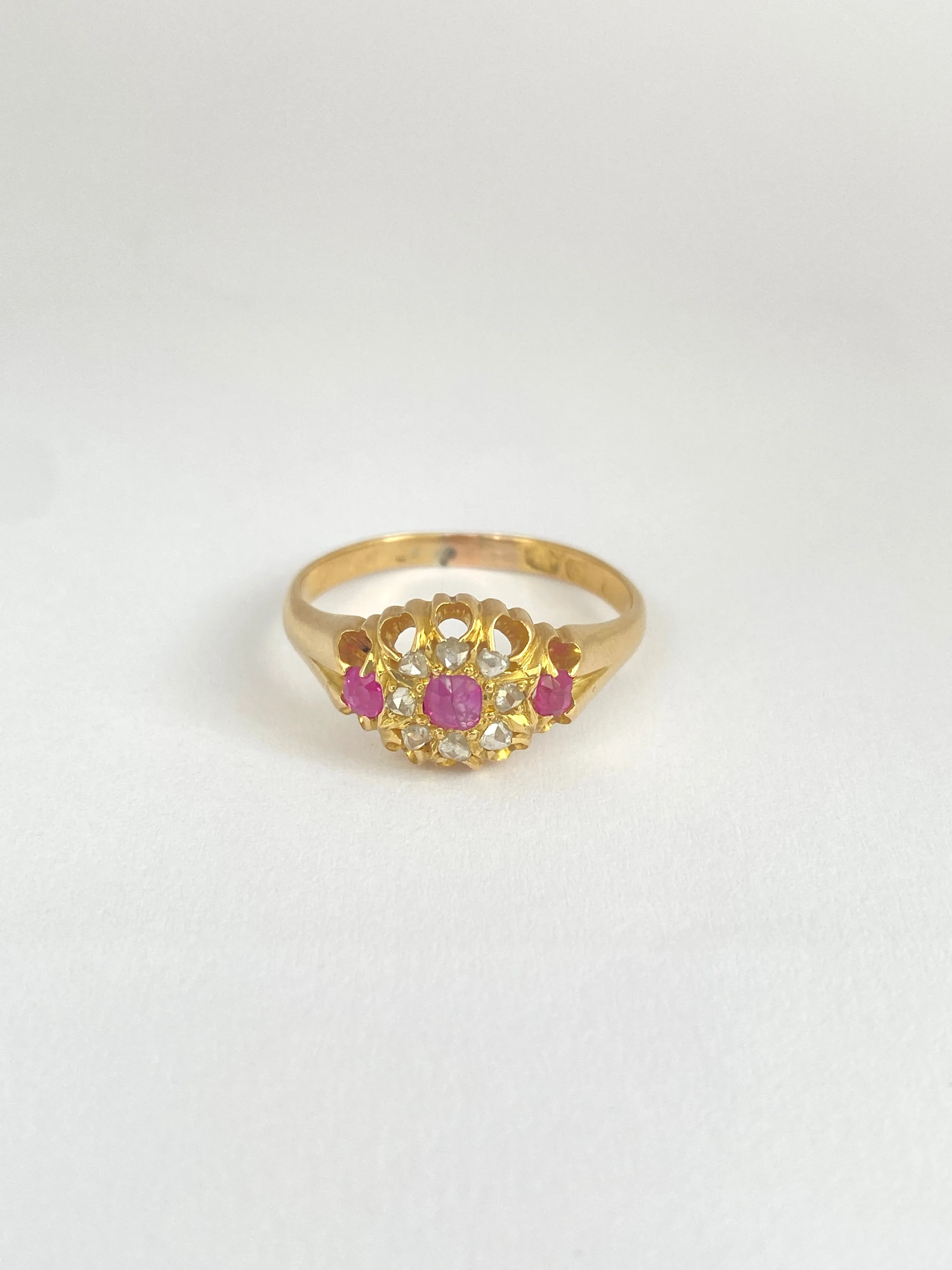 Antique 18ct Gold Ruby and Rose Cut Diamond Flower Ring, Hallmarked 18ct Gold