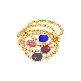 Ashley Gold Stainless Steel Gold Plated Center Semi Precious Center Stone Ball Beaded Stretch Bracelet