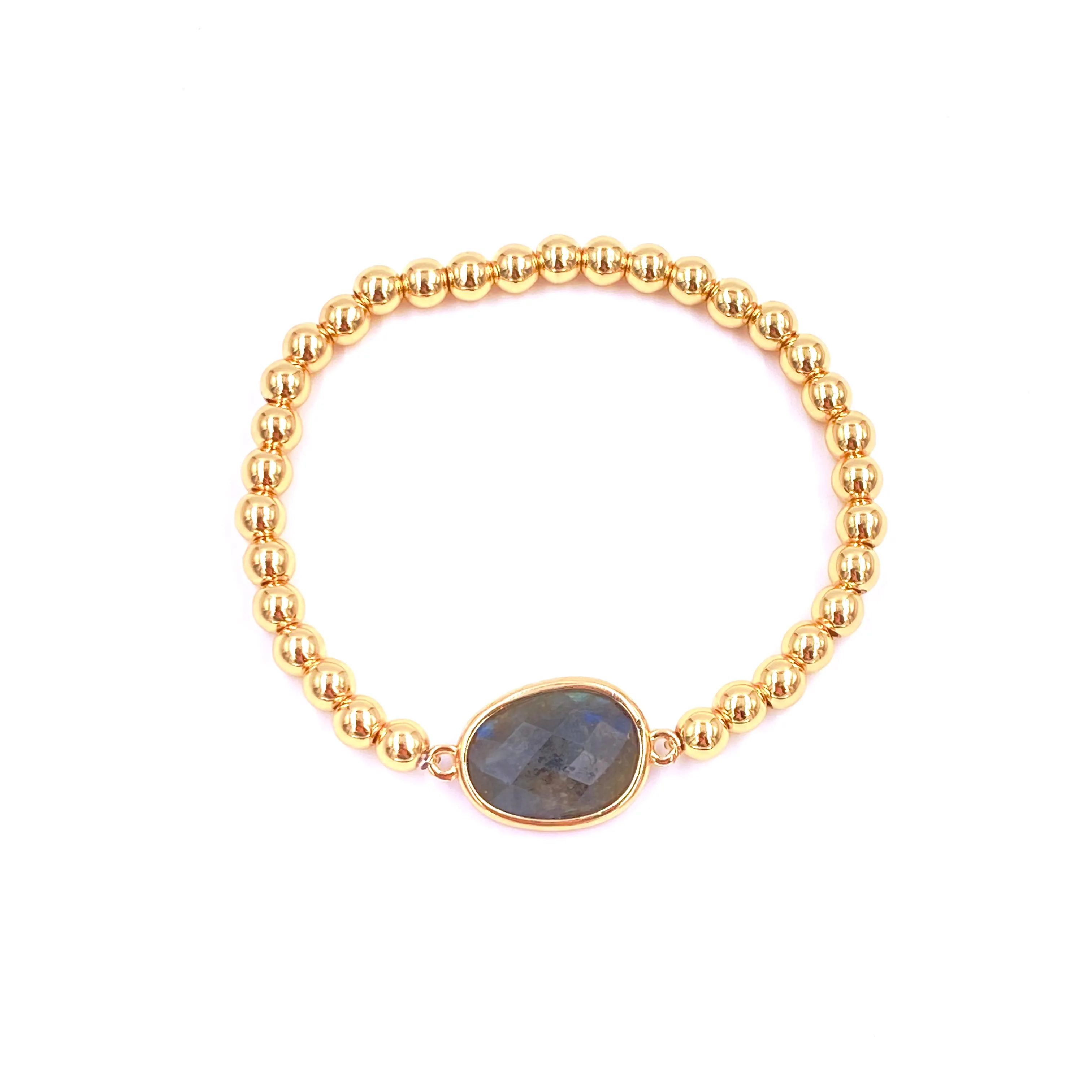 Ashley Gold Stainless Steel Gold Plated Center Semi Precious Center Stone Ball Beaded Stretch Bracelet