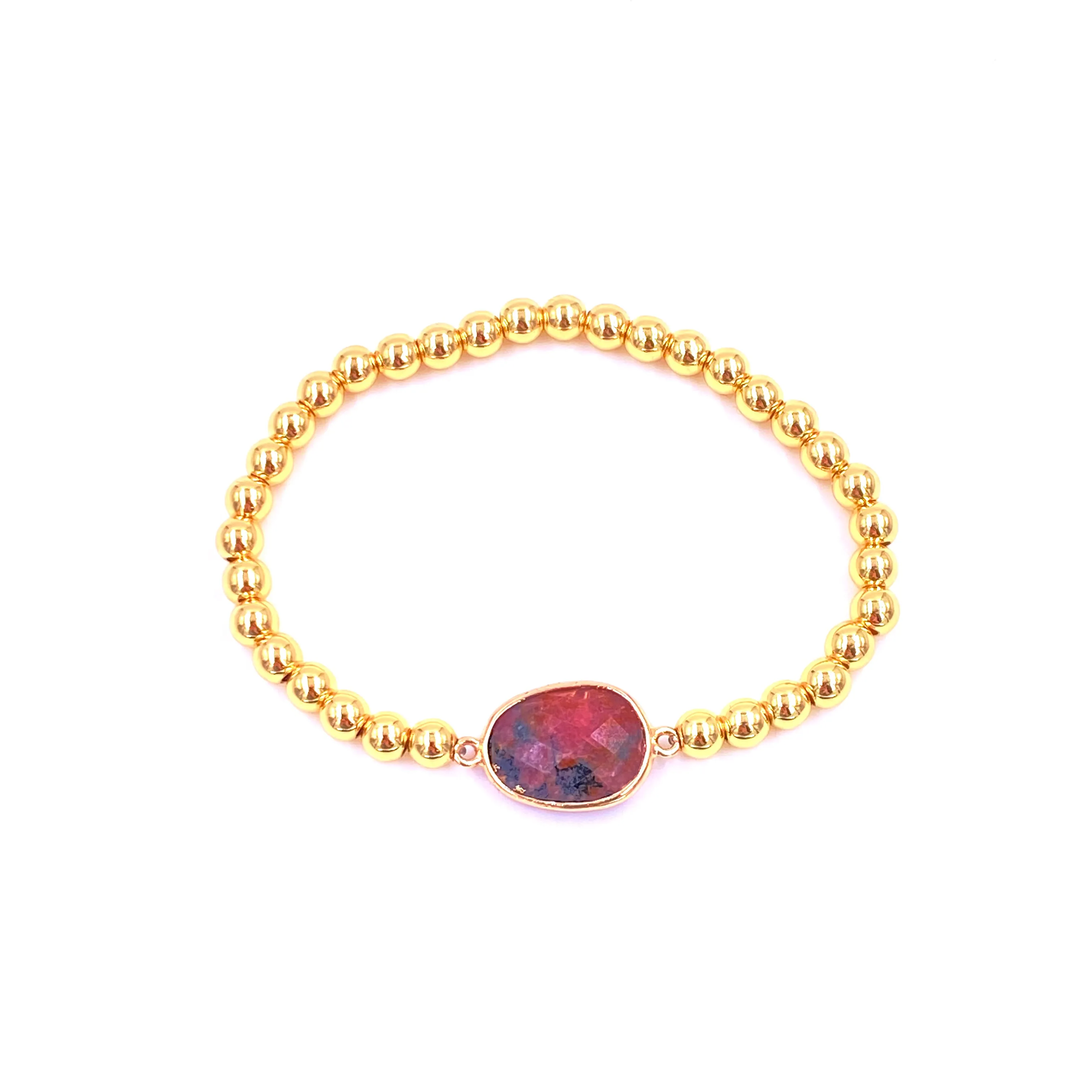 Ashley Gold Stainless Steel Gold Plated Center Semi Precious Center Stone Ball Beaded Stretch Bracelet