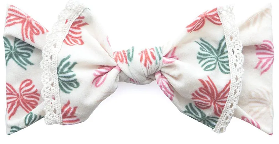 Baby Bling Holiday Bow Lace Trimmed Printed Knot Headband