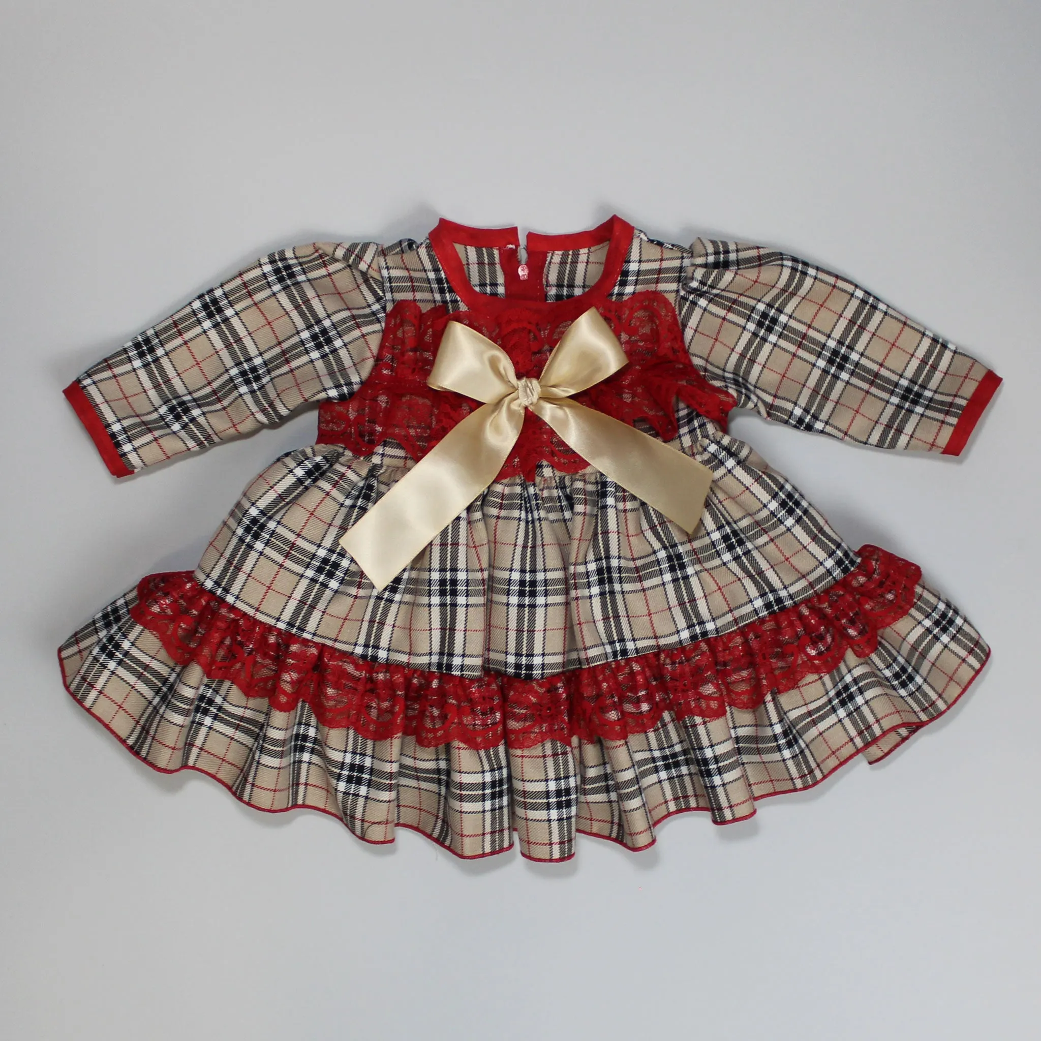 Baby Girl Beige Tartan Dress With Big Gold Bow