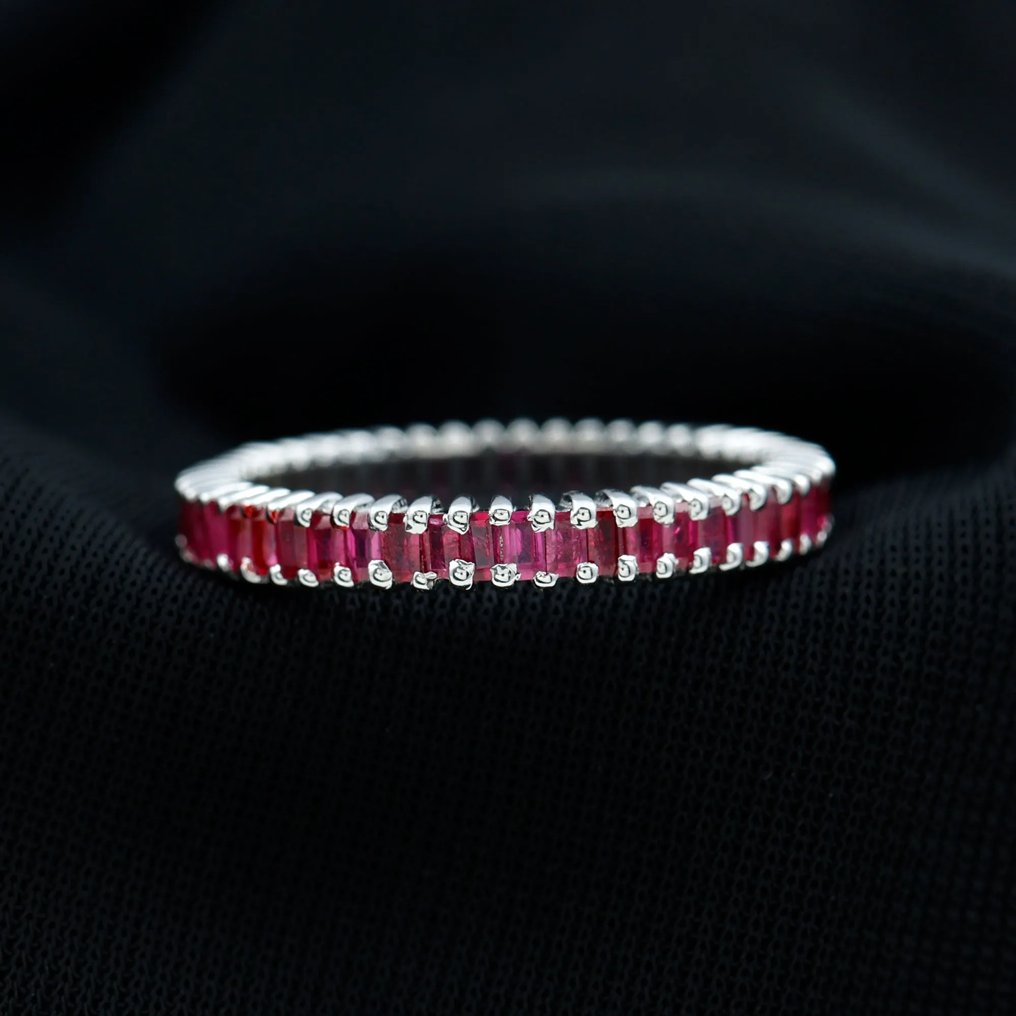 Baguette Cut Ruby Eternity Ring in Shared Prong Setting