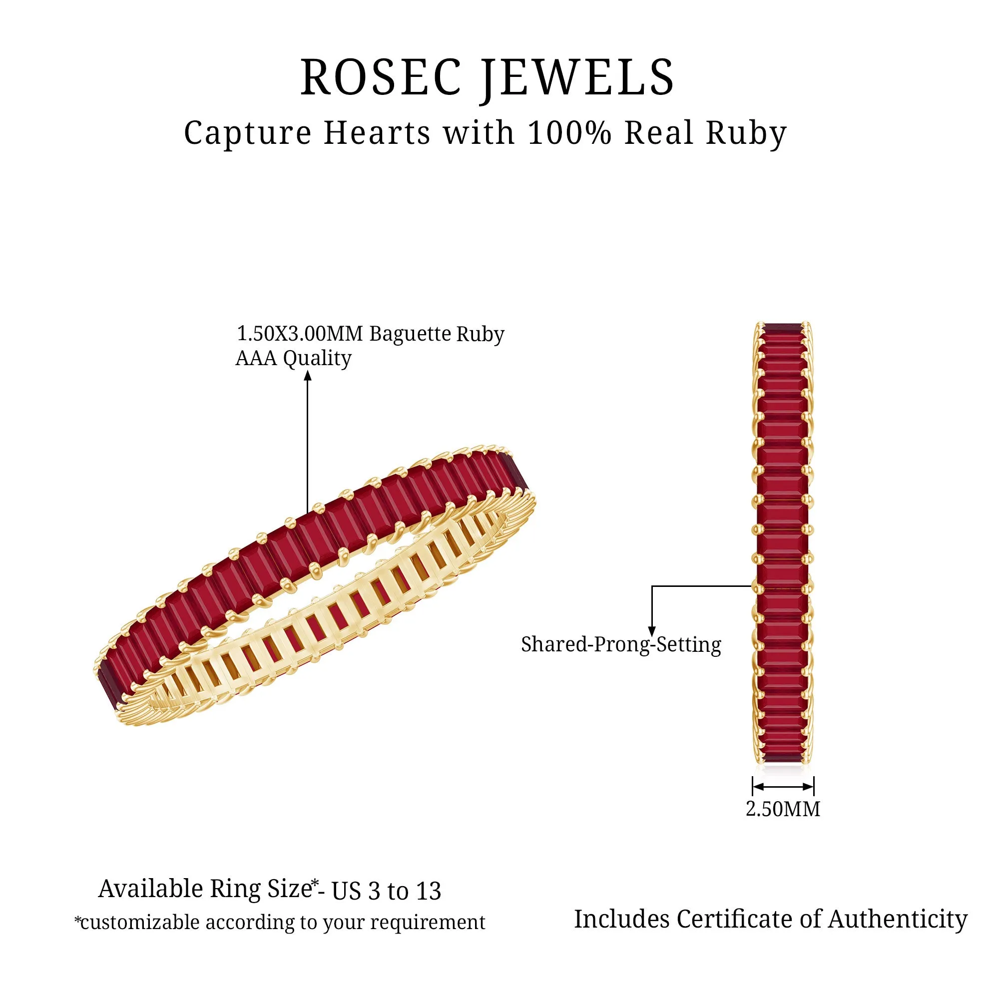 Baguette Cut Ruby Eternity Ring in Shared Prong Setting