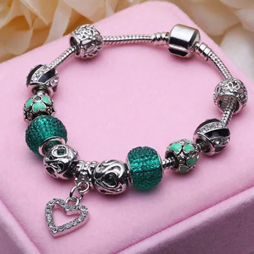 Best LOVE Gift Silver Plated Heart Charm bracelet for Women Murano Glass Beads Jewelry Original Bracelets Cuff Bracelet