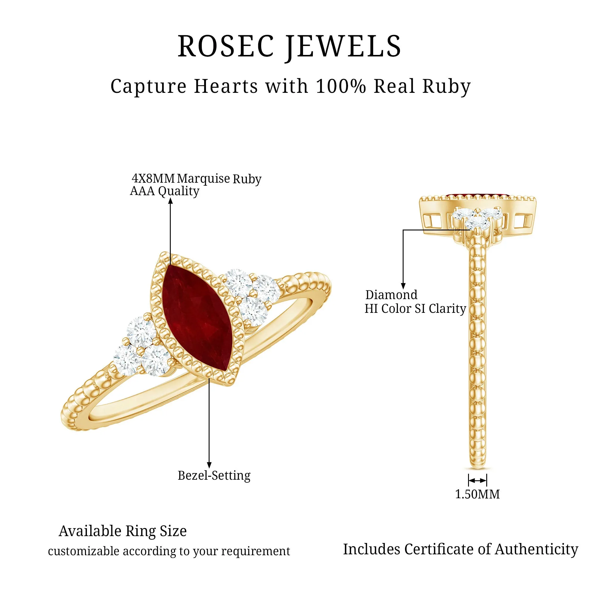 Bezel Set Marquise Ruby Solitaire Promise Ring with Diamond Trio