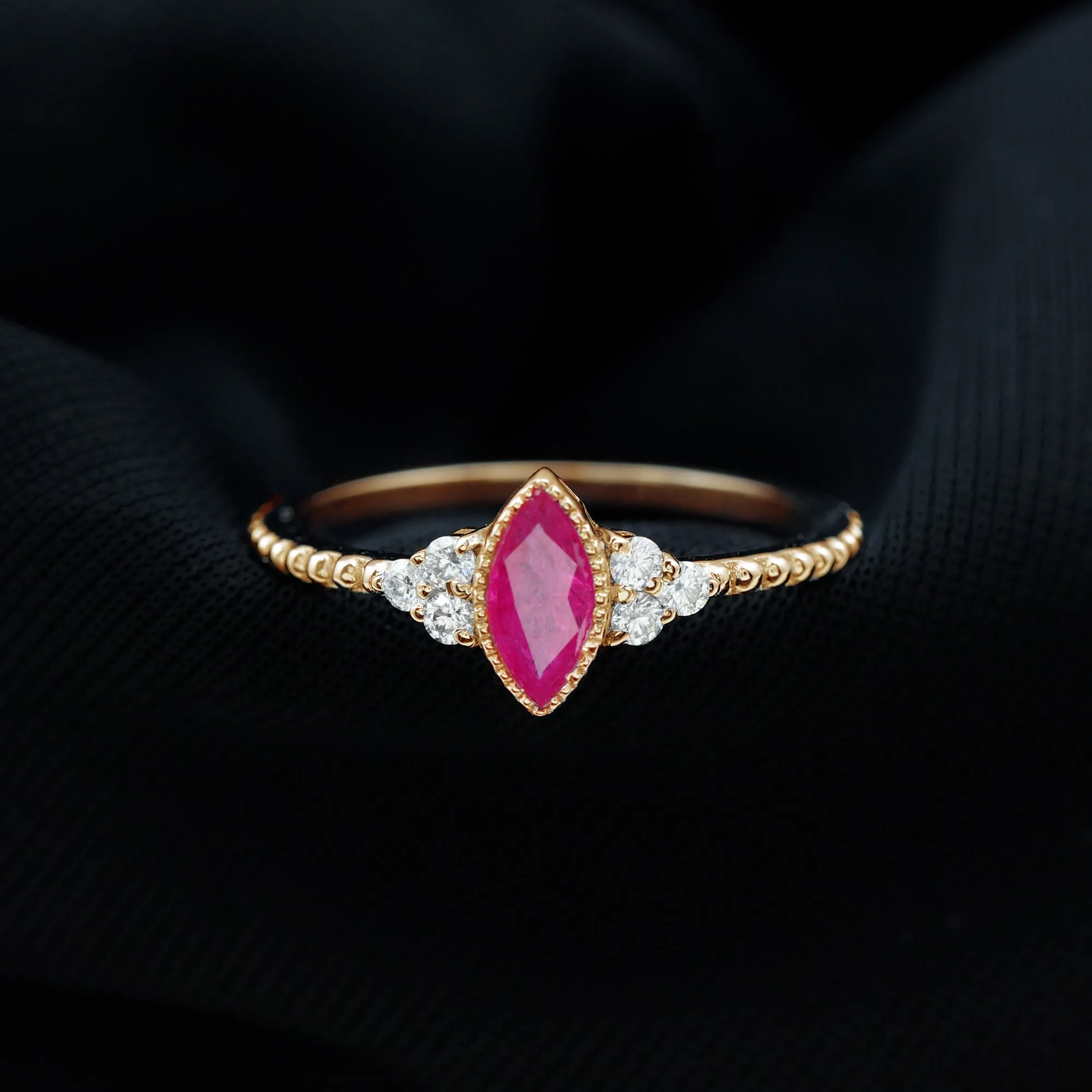 Bezel Set Marquise Ruby Solitaire Promise Ring with Diamond Trio