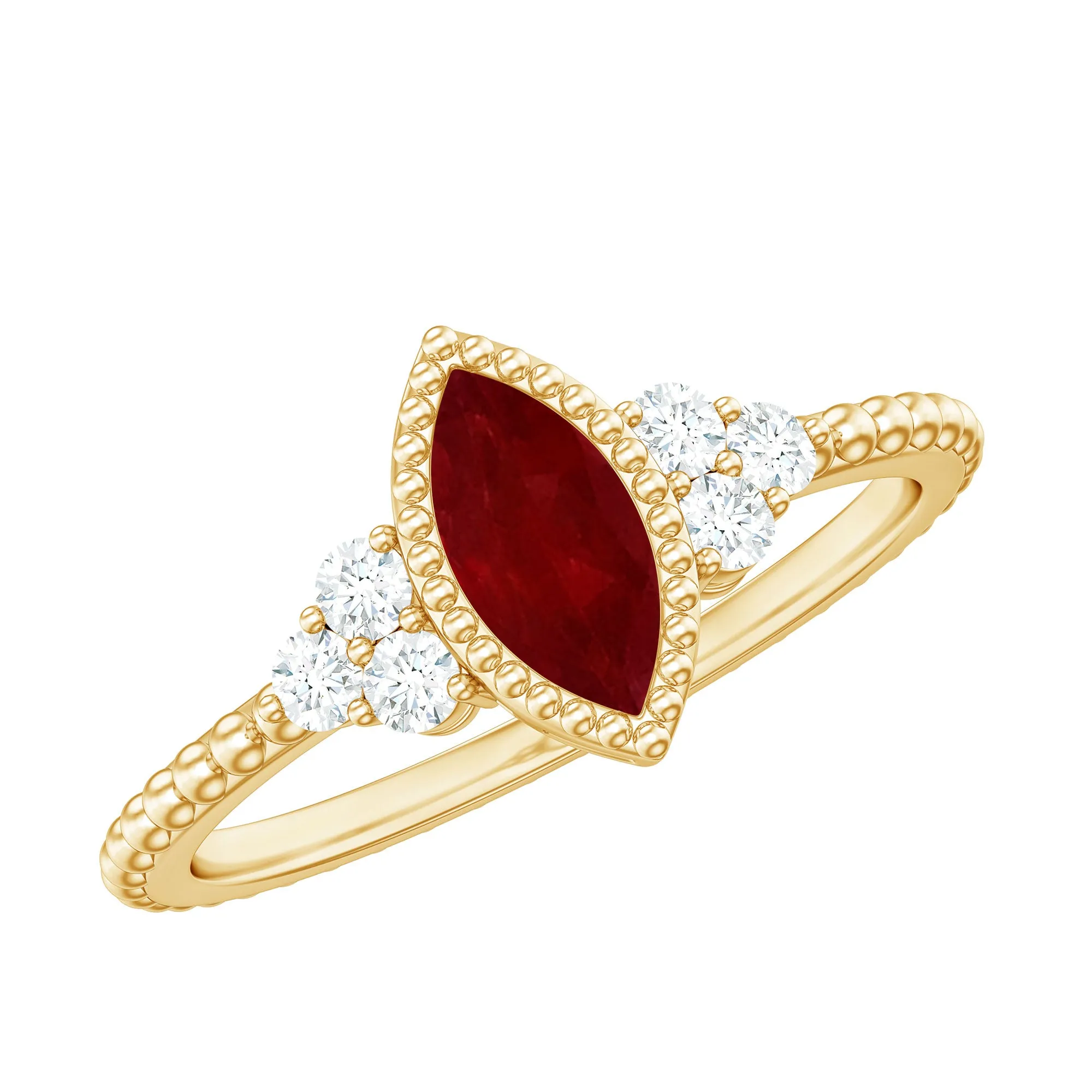 Bezel Set Marquise Ruby Solitaire Promise Ring with Diamond Trio