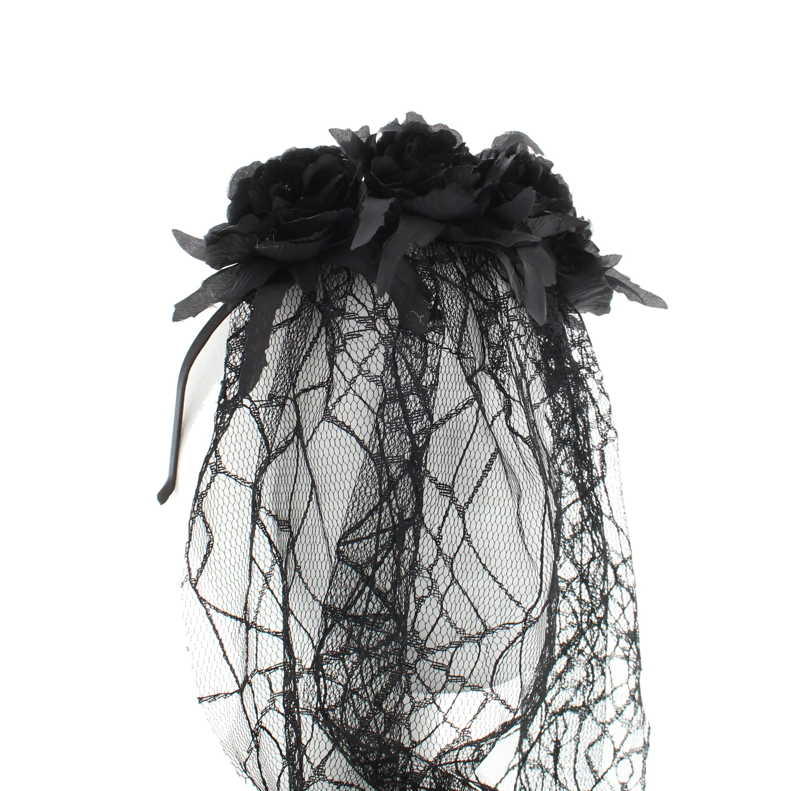 Black Rose Headband with Very Long 48cm Cobweb Patterned Lace Veil