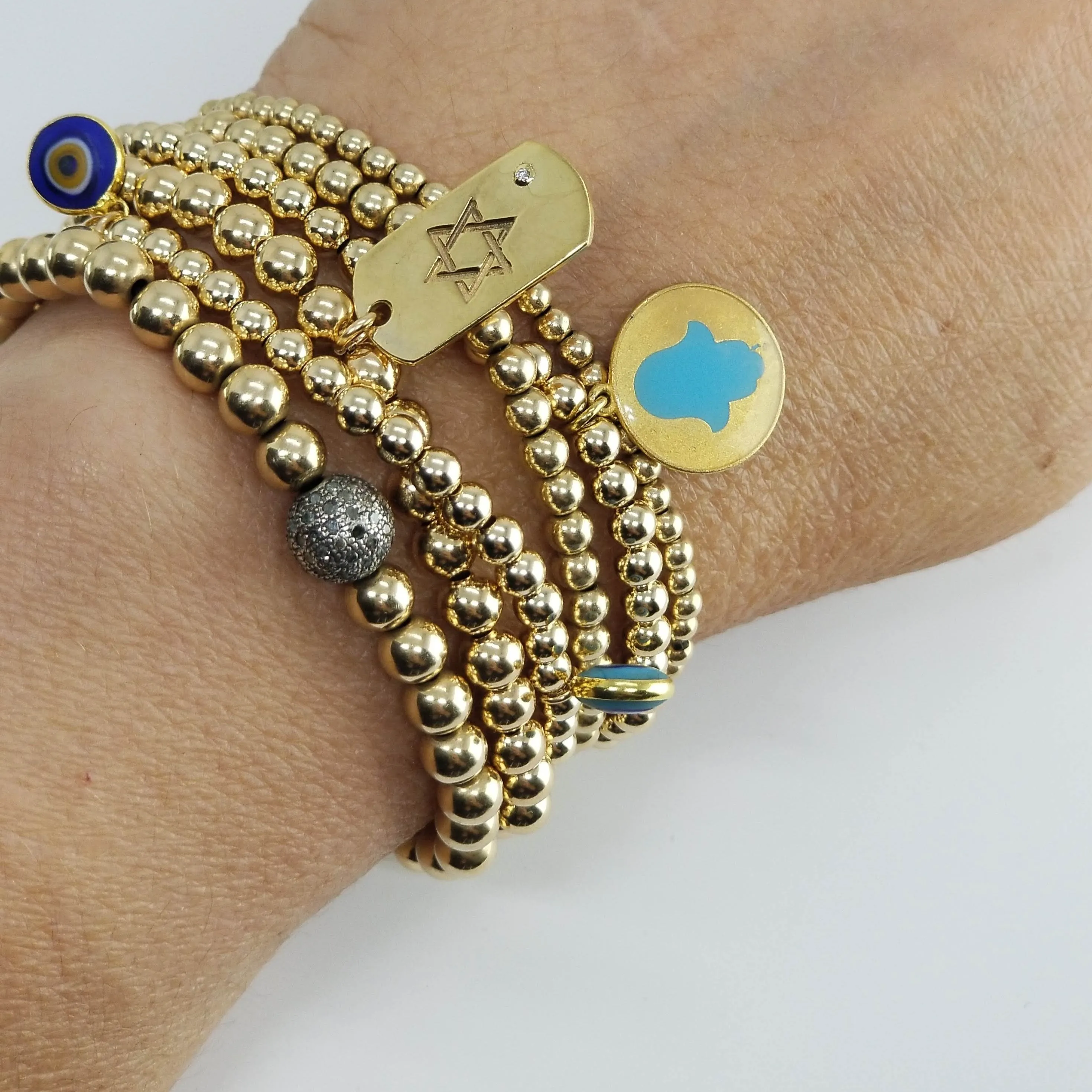 Blue Hamsa Hand Charm on Bead Bracelet in Gold