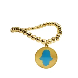 Blue Hamsa Hand Charm on Bead Bracelet in Gold