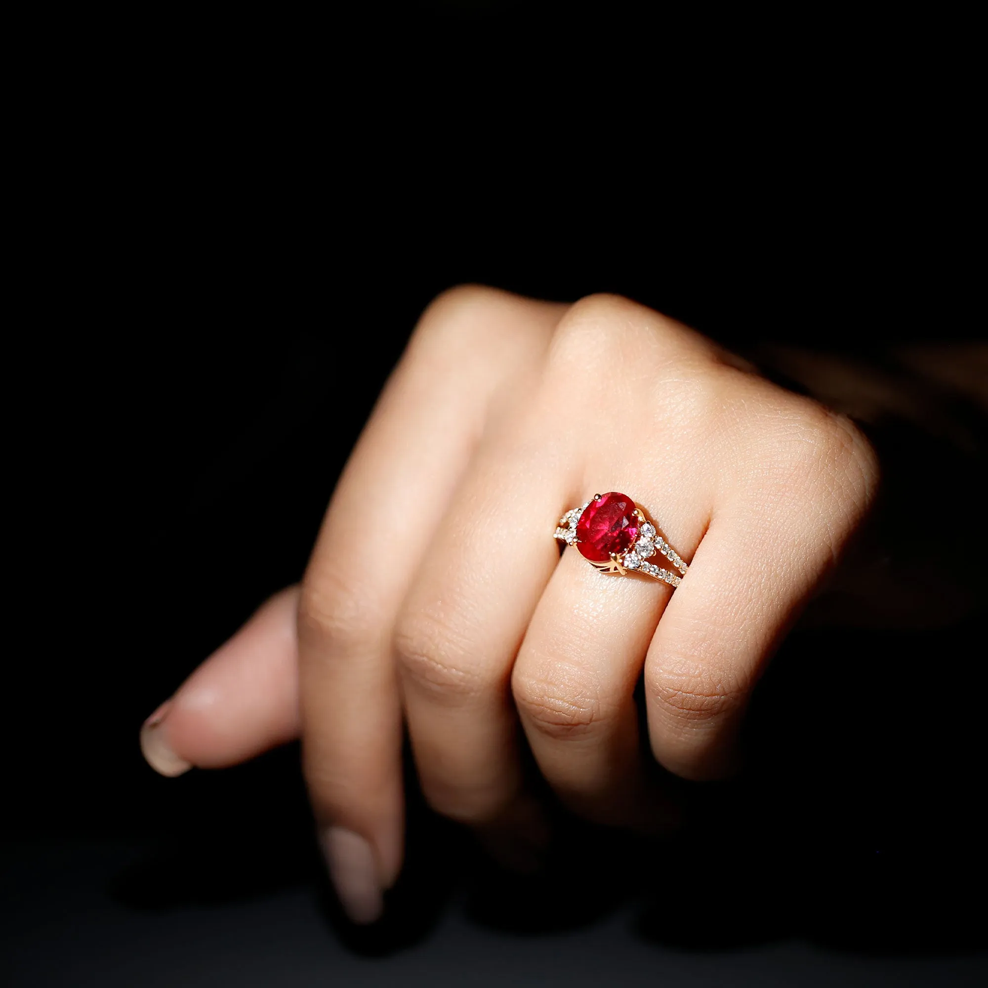 Certified Lab Grown Ruby Oval Engagement Ring With Moissanite