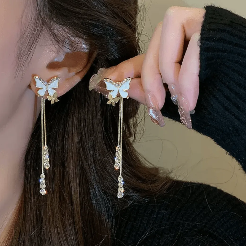 Chic Butterfly Rhinestone Tassel Earrings