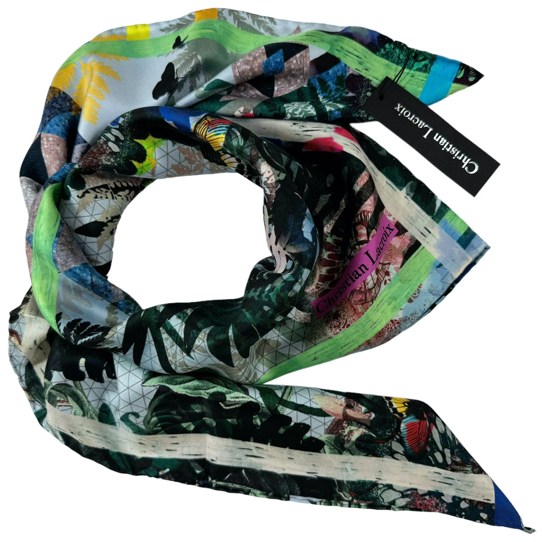 Christian Lacroix Scarf Green Brown Navy Butterfly - Square Twill Silk Scarf