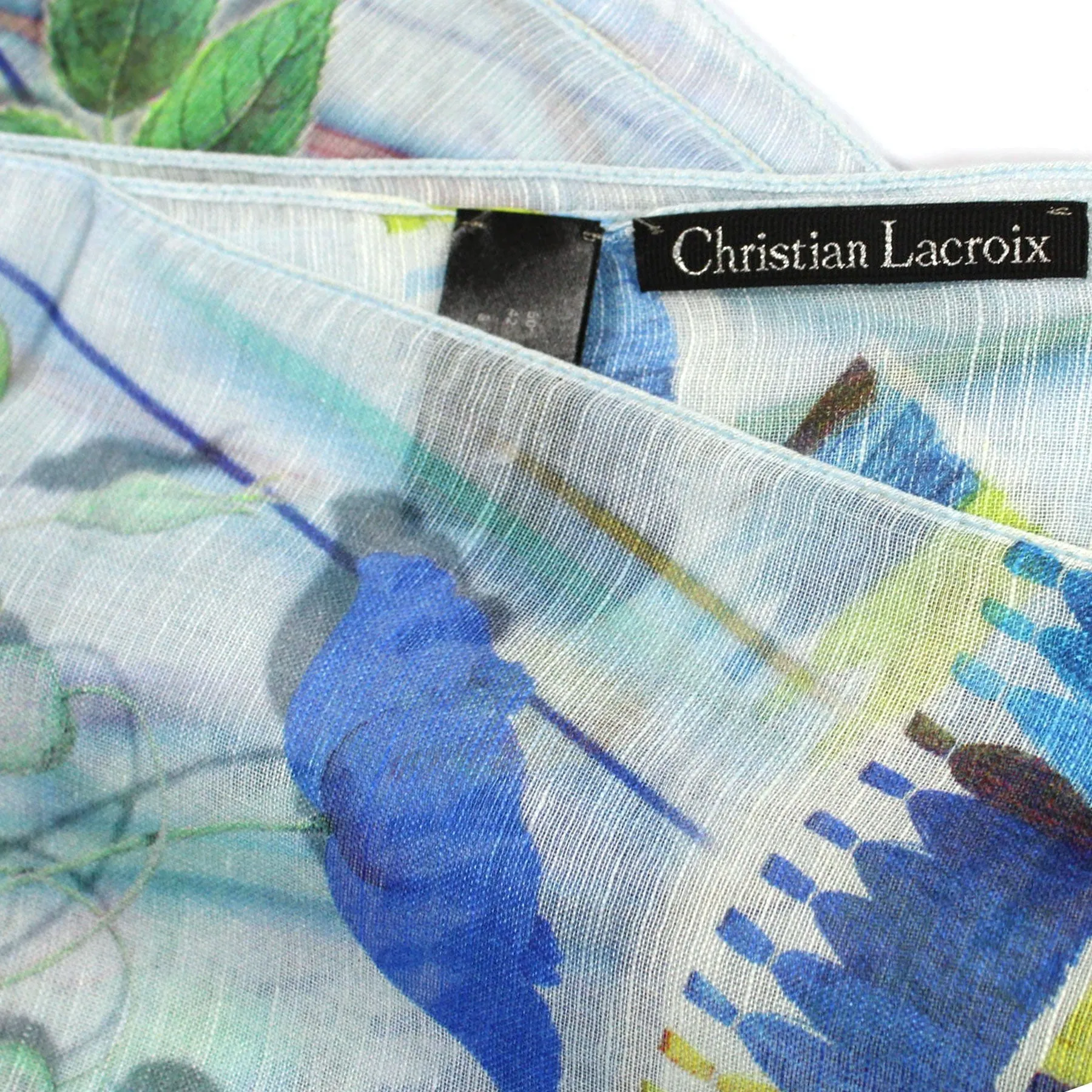 Christian Lacroix Scarf Original Print White Blue Floral Design - Modal Linen Silk FINAL SALE