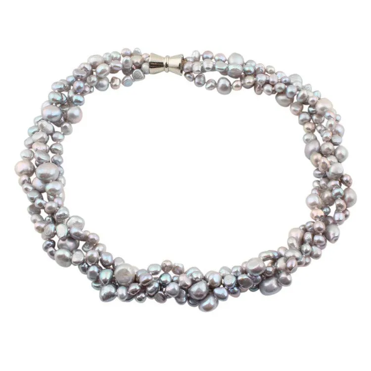 Chunky Modern Grey Freshwater Pearl Necklace, Multi Strand Pearl Necklace