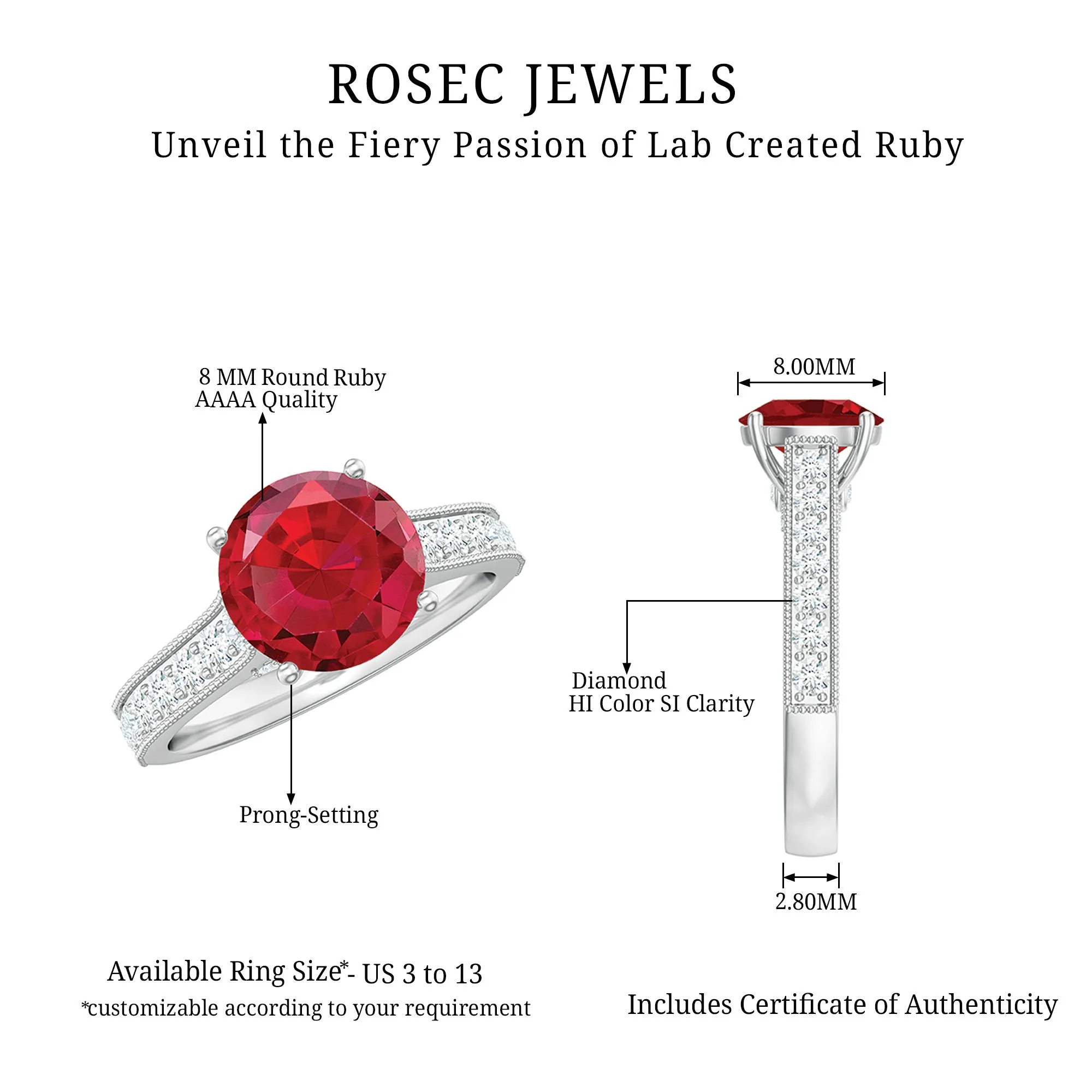 Created Ruby Solitaire Engagement Ring with Diamond