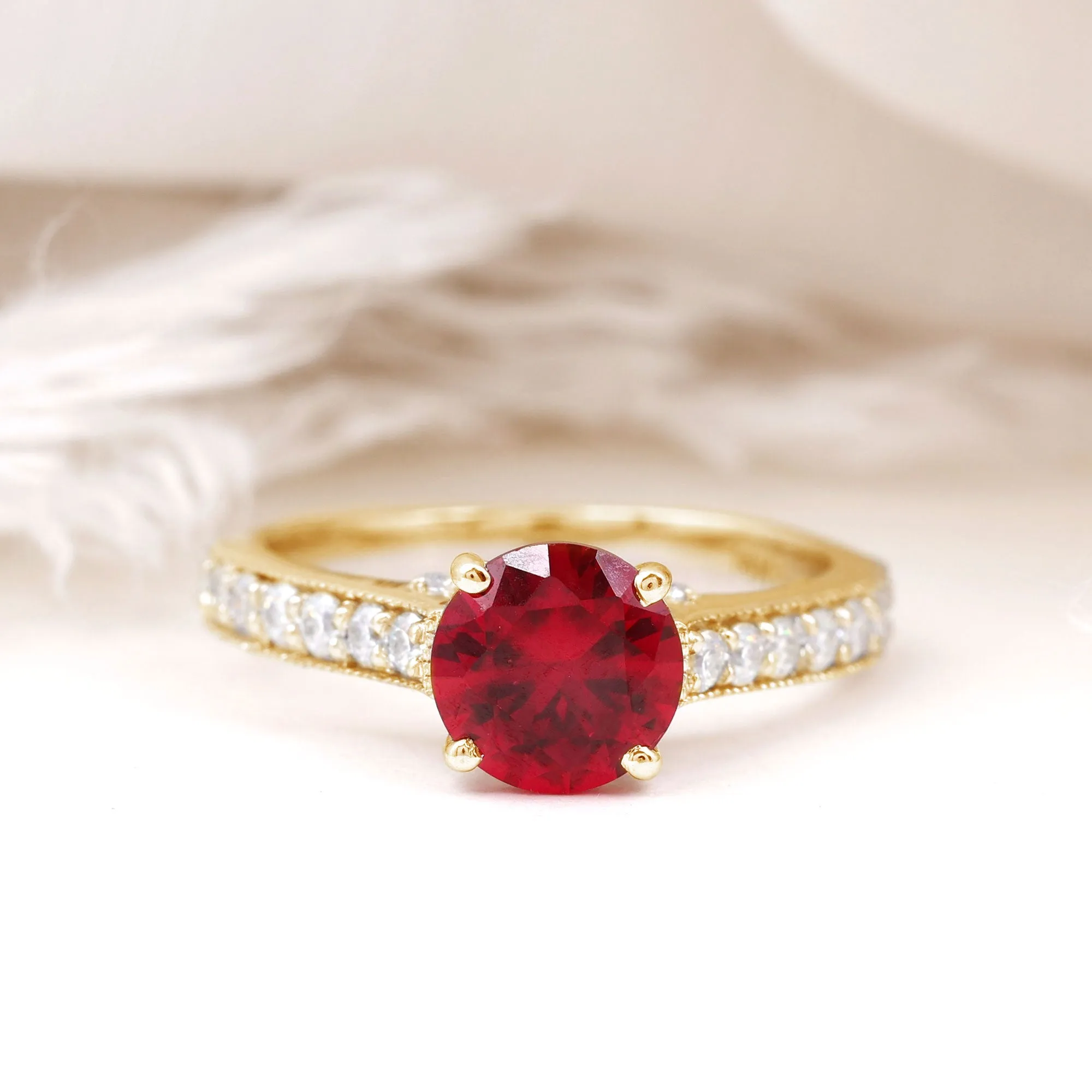 Created Ruby Solitaire Engagement Ring with Diamond