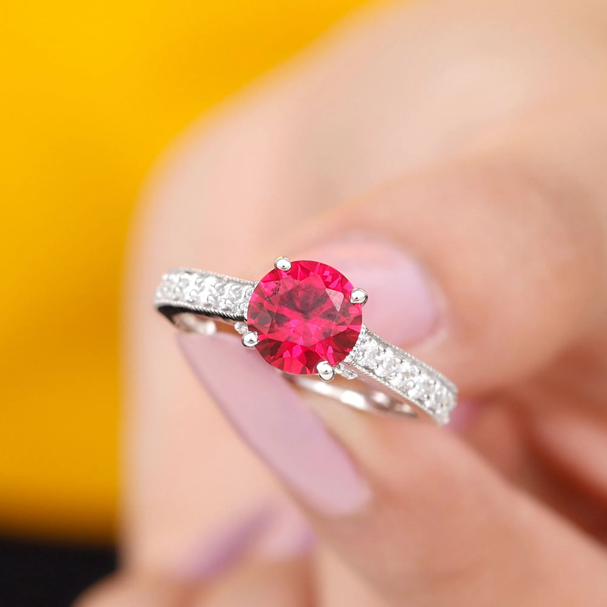 Created Ruby Solitaire Engagement Ring with Diamond