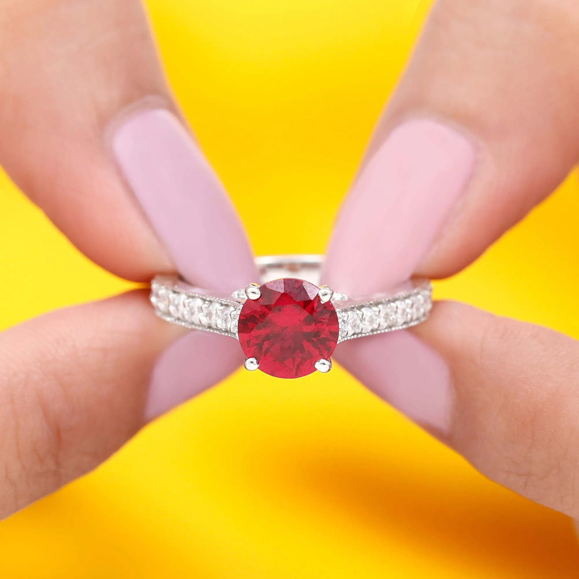 Created Ruby Solitaire Engagement Ring with Diamond