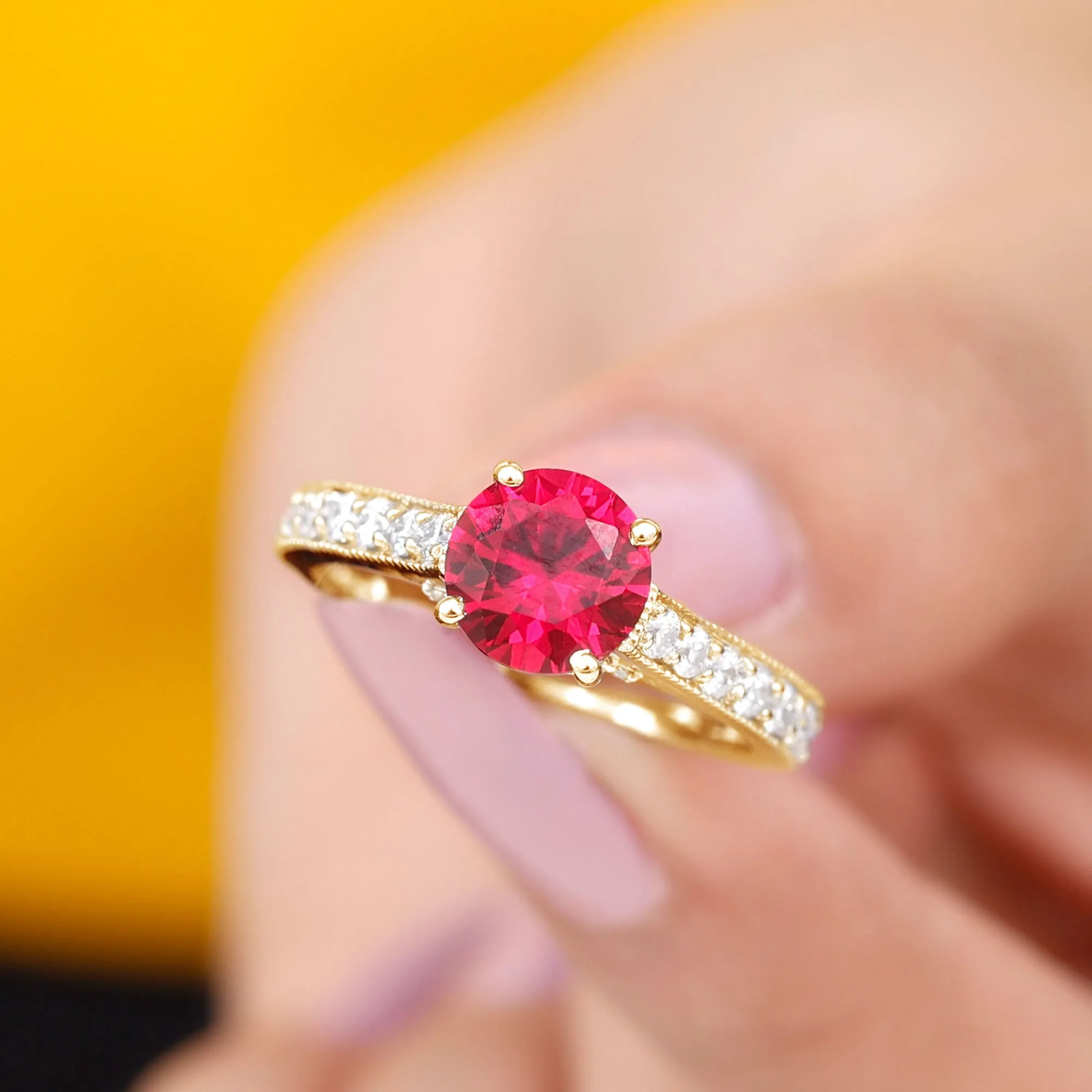 Created Ruby Solitaire Engagement Ring with Diamond