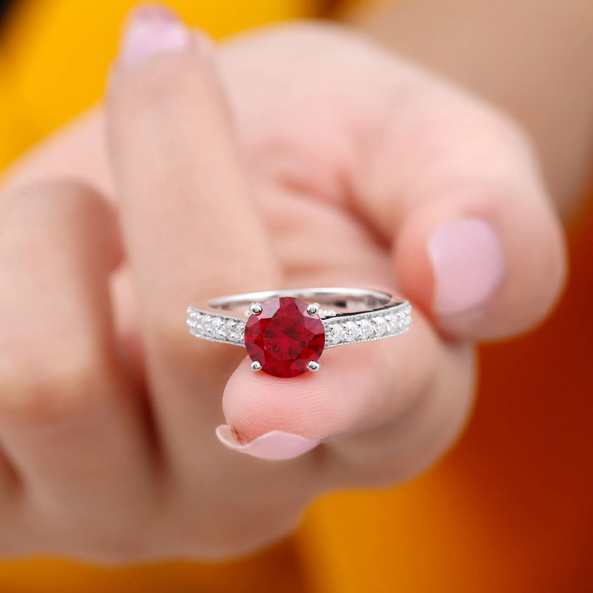 Created Ruby Solitaire Engagement Ring with Diamond