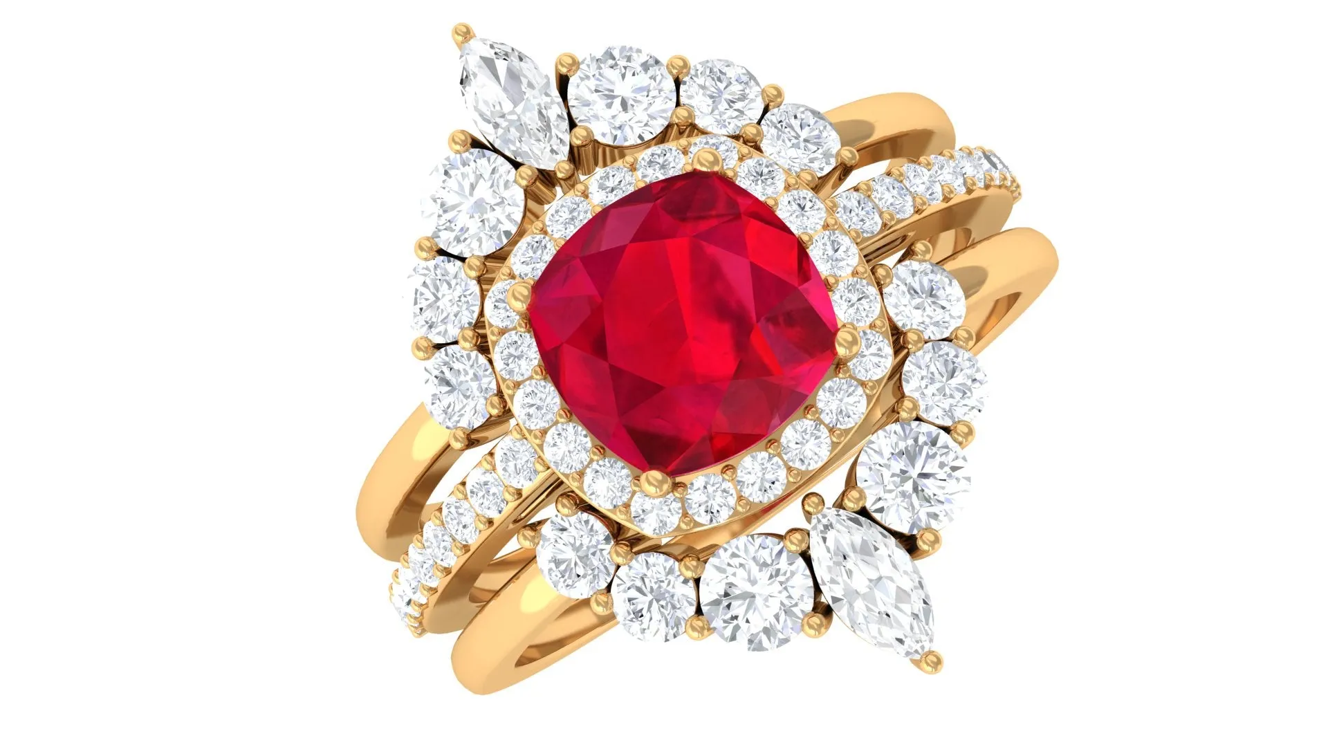 Cushion Cut Created Ruby Trio Wedding Ring Set with Moissanite