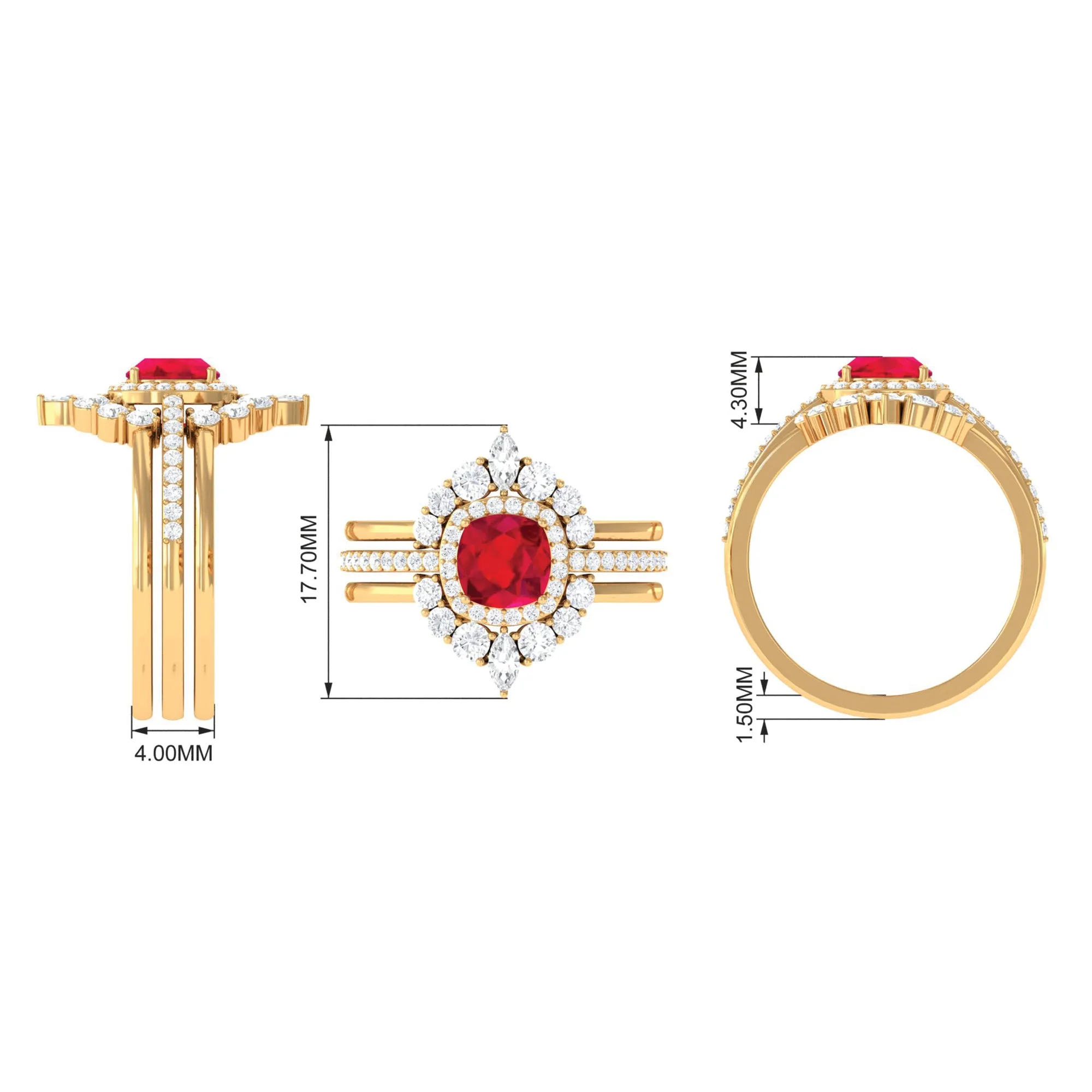 Cushion Cut Created Ruby Trio Wedding Ring Set with Moissanite