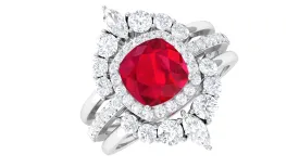 Cushion Cut Created Ruby Trio Wedding Ring Set with Moissanite