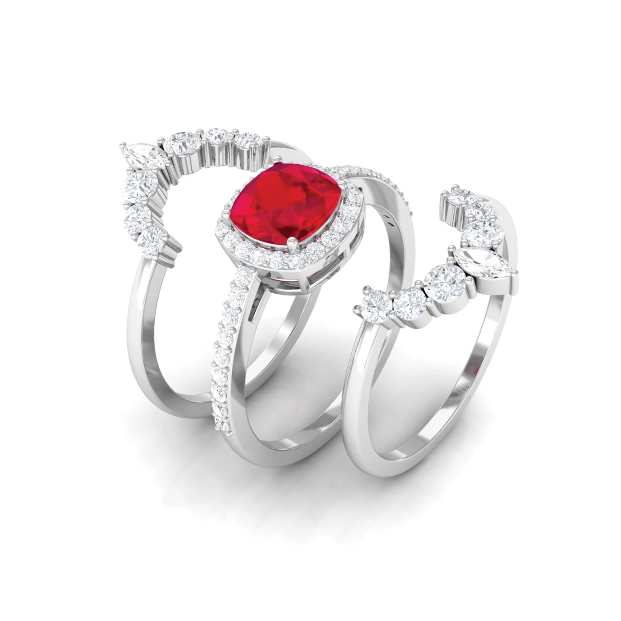 Cushion Cut Created Ruby Trio Wedding Ring Set with Moissanite