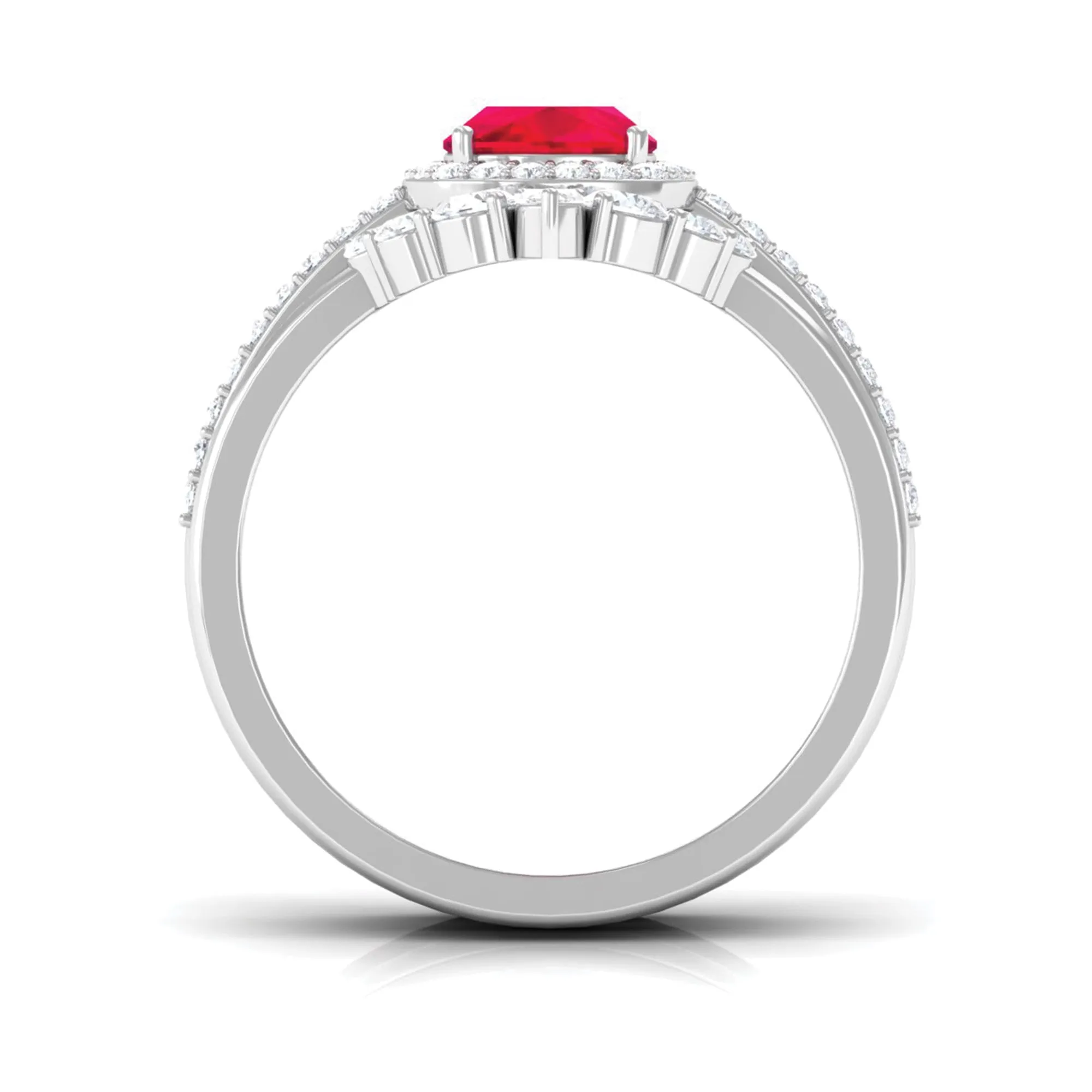 Cushion Cut Created Ruby Trio Wedding Ring Set with Moissanite