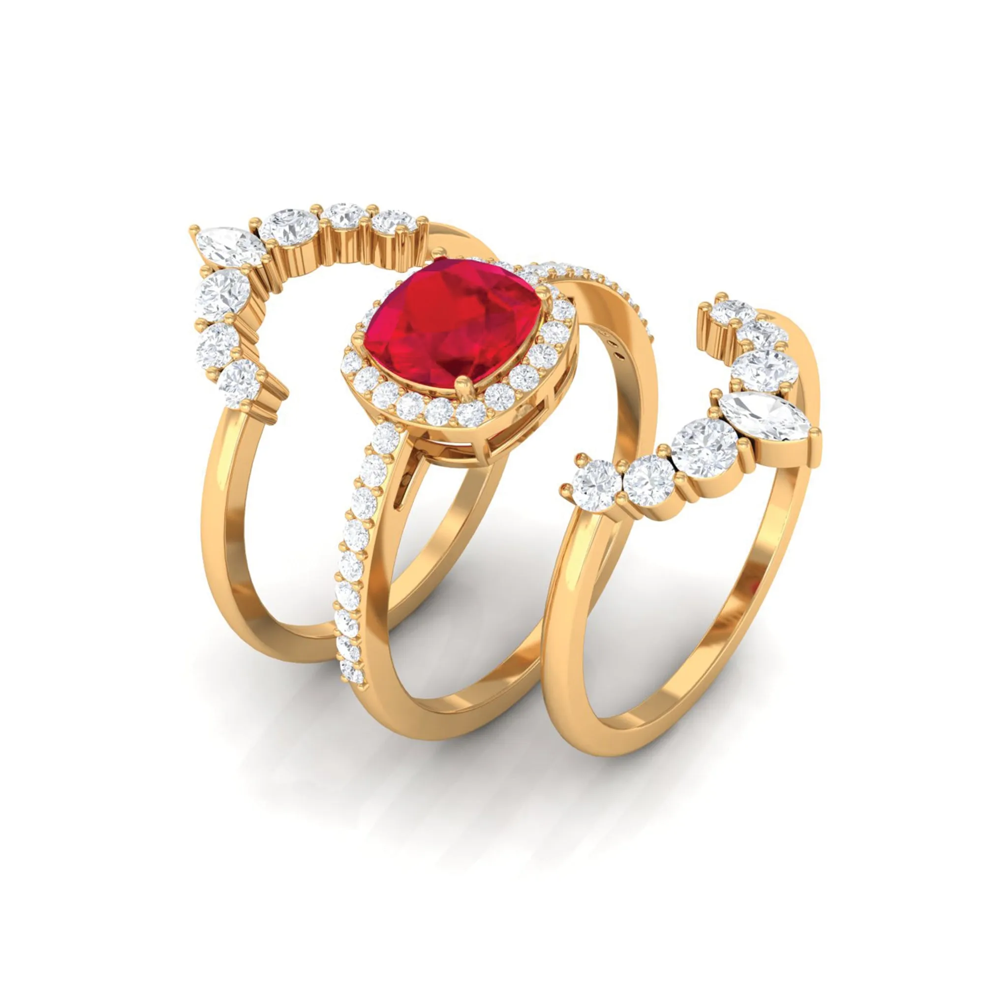 Cushion Cut Created Ruby Trio Wedding Ring Set with Moissanite