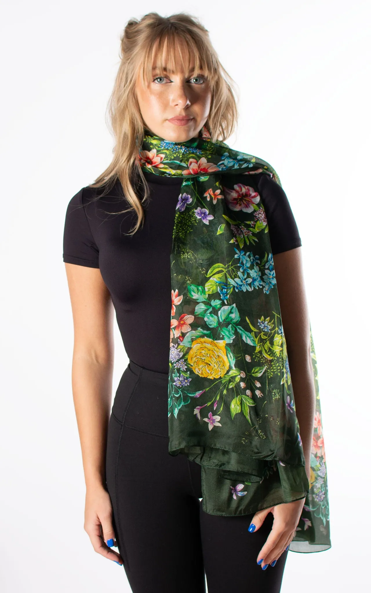 Dark Green Floral Silk Scarf